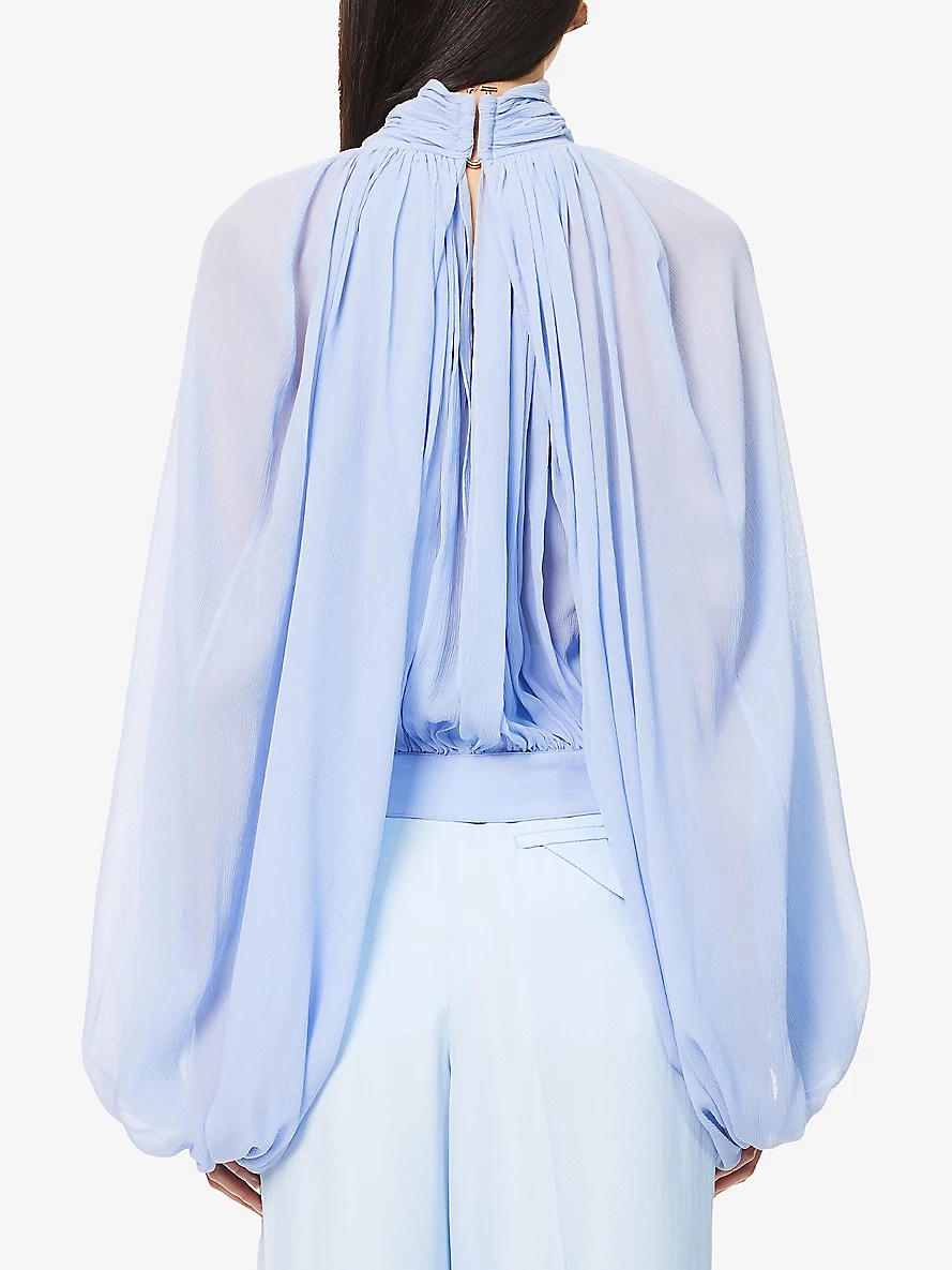 Draped High-Neck Silk-Chiffon Top - 4