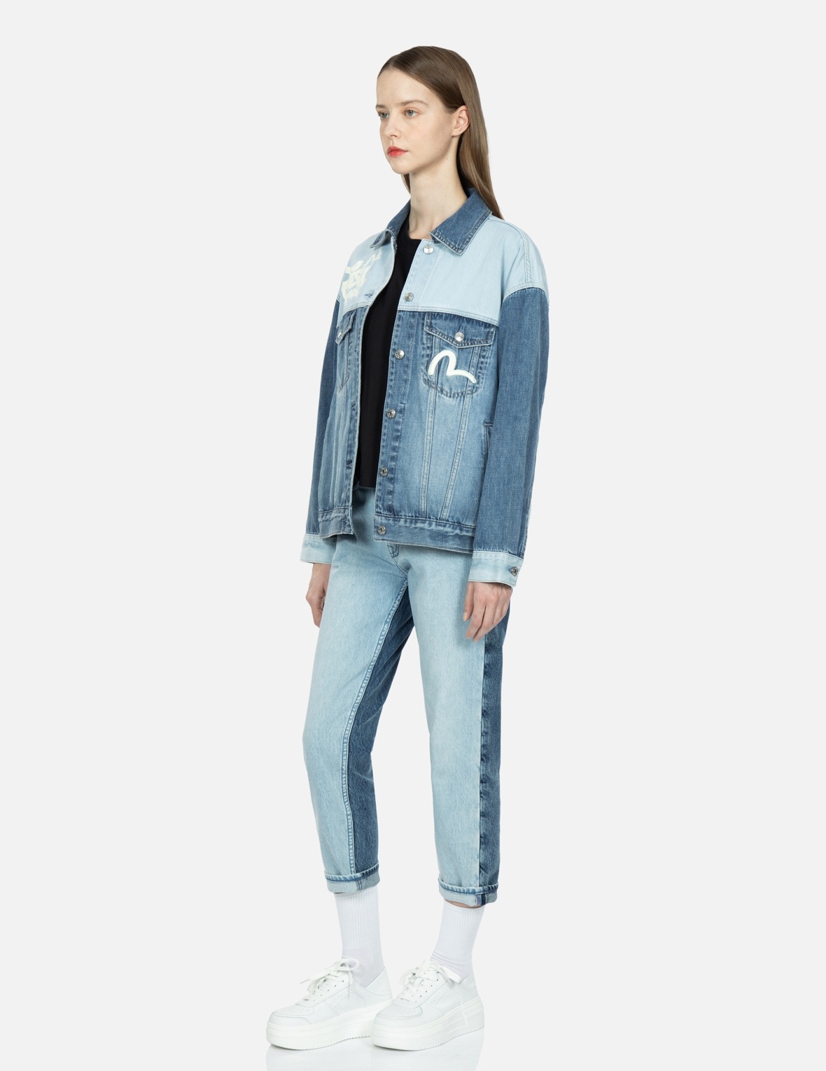 DARUMA WITH BRAND MOTTO TWO-TONE DENIM JACKET - 4