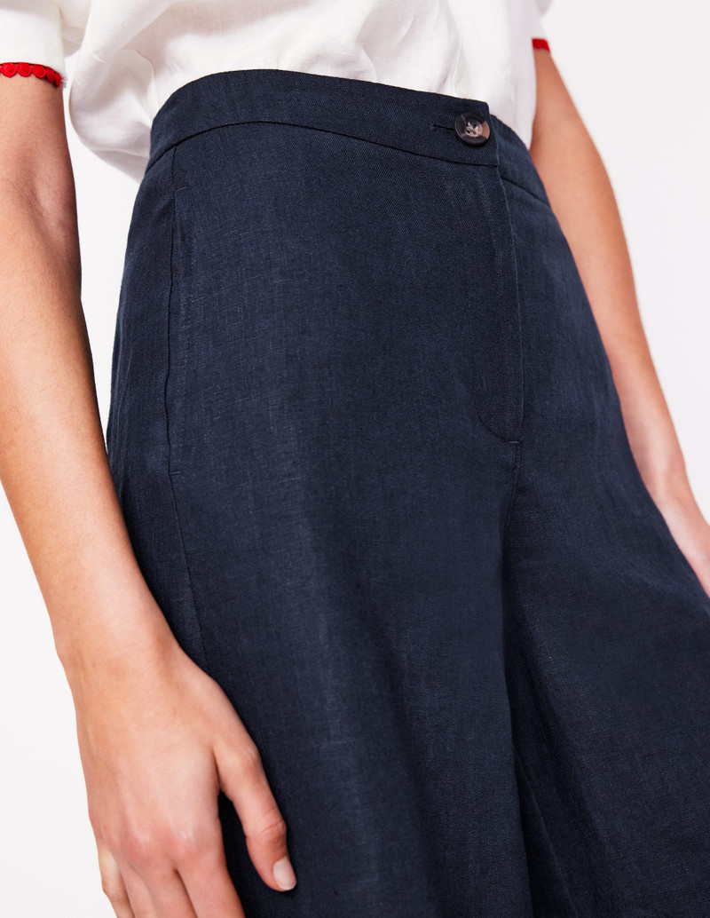 Wide Crop Linen Pants-Navy 4