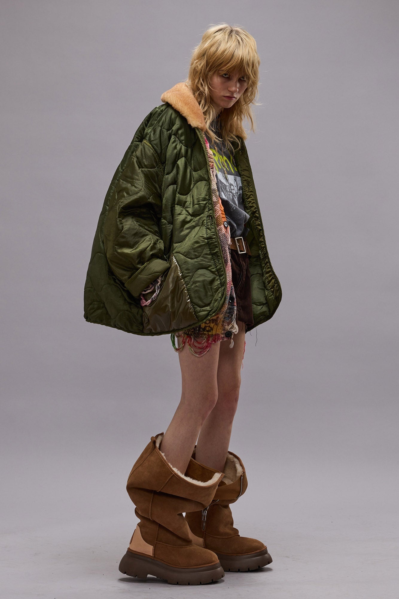 REFURBISHED LINER WITH SHEARLING SHAWL COLLAR - OLIVE - R13 - 3