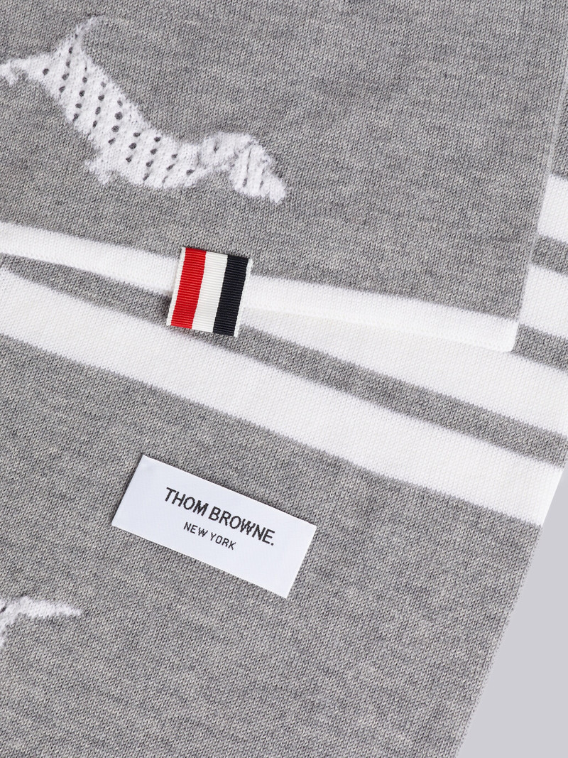 Thom Browne Light Grey Extrafine Merino Hector Icon Half Drop Intarsia 4-Bar Stripe Scarf outlook