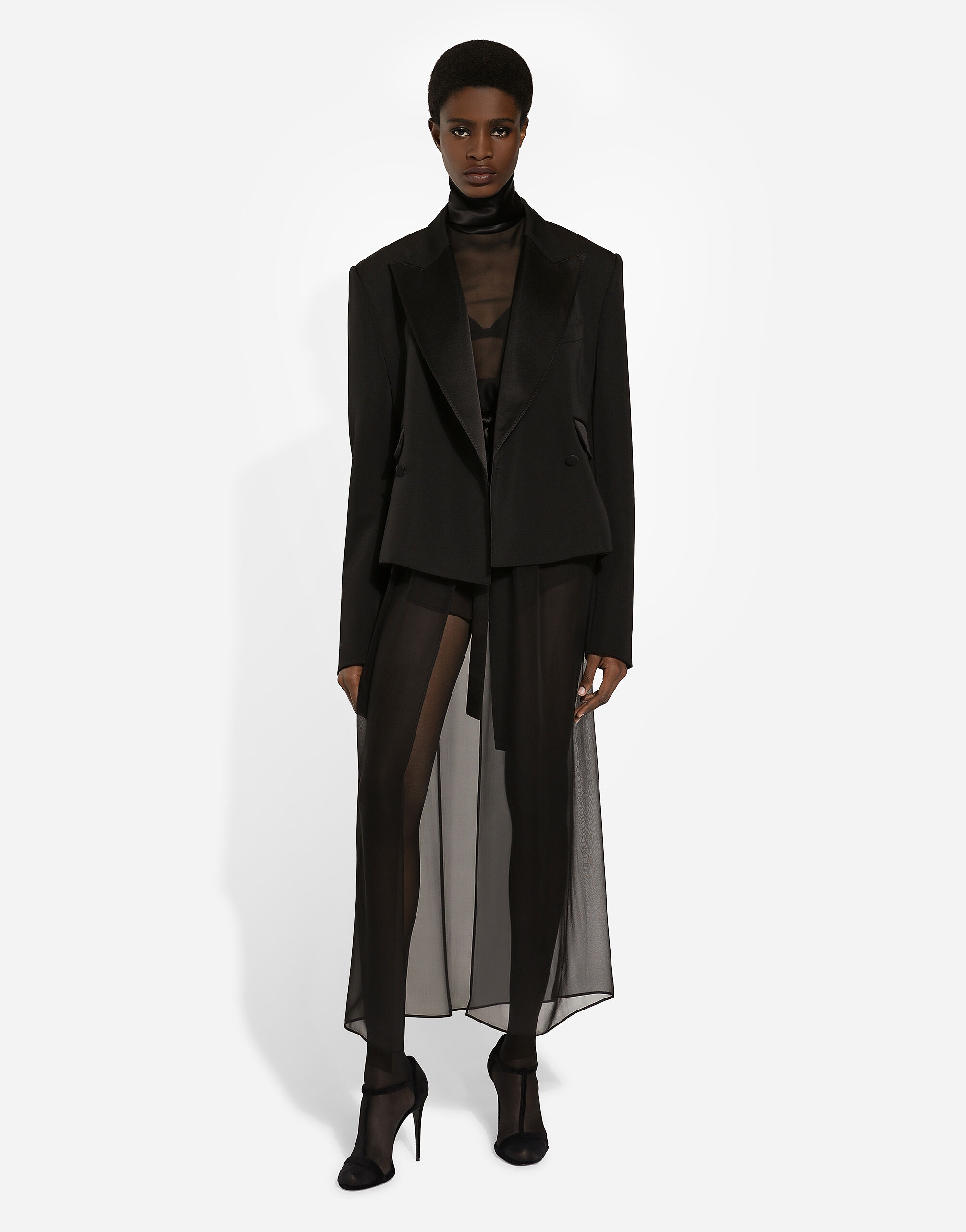 Short double-breasted wool gabardine tuxedo jacket - 3