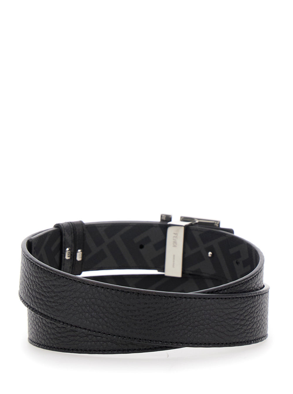 Fendi Men Black Belt With Metallic Ff Logo Plate On The Front And Ff Interior Motif In Hammered Leat - 3