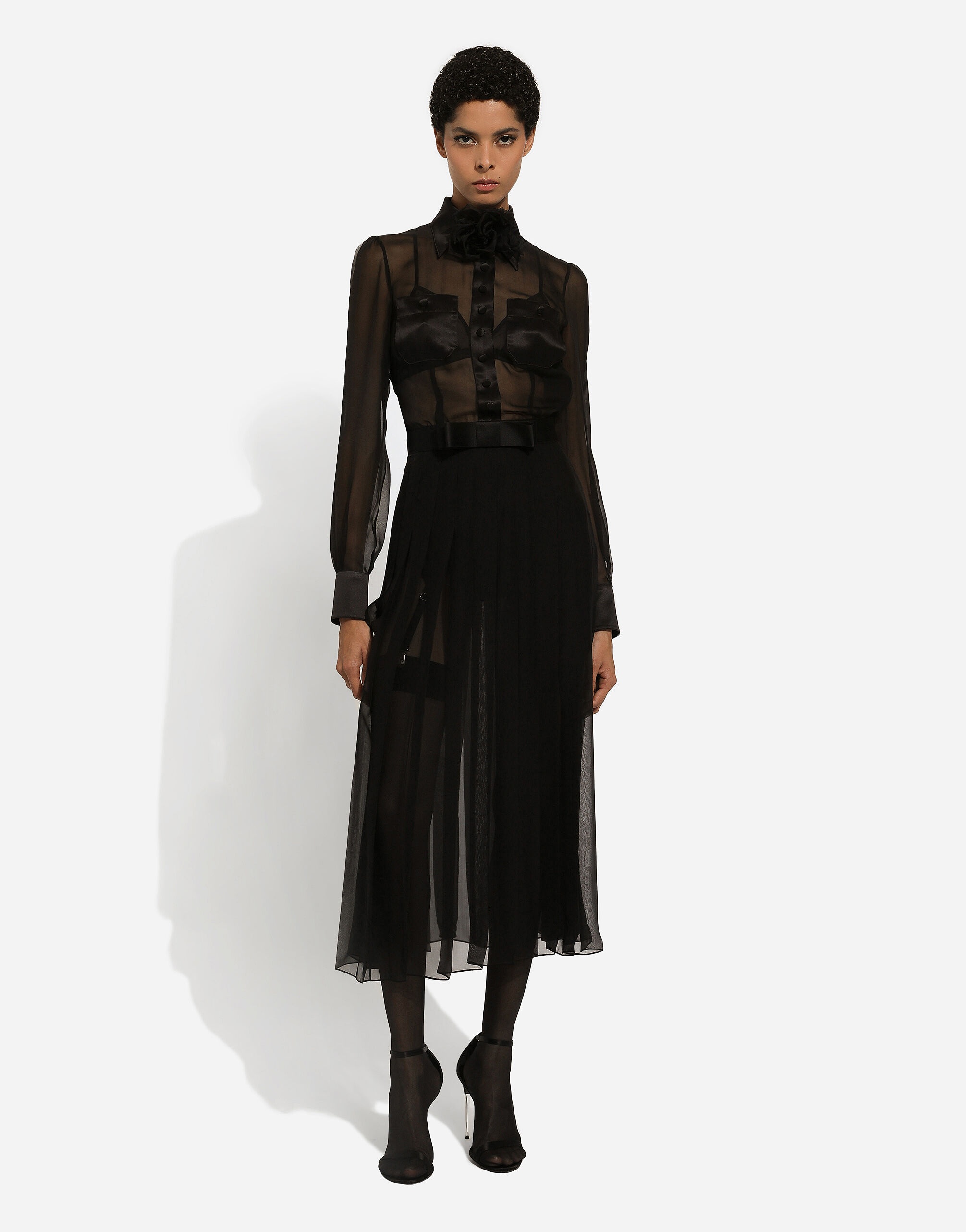 Chiffon calf-length shirt dress with satin details - 3