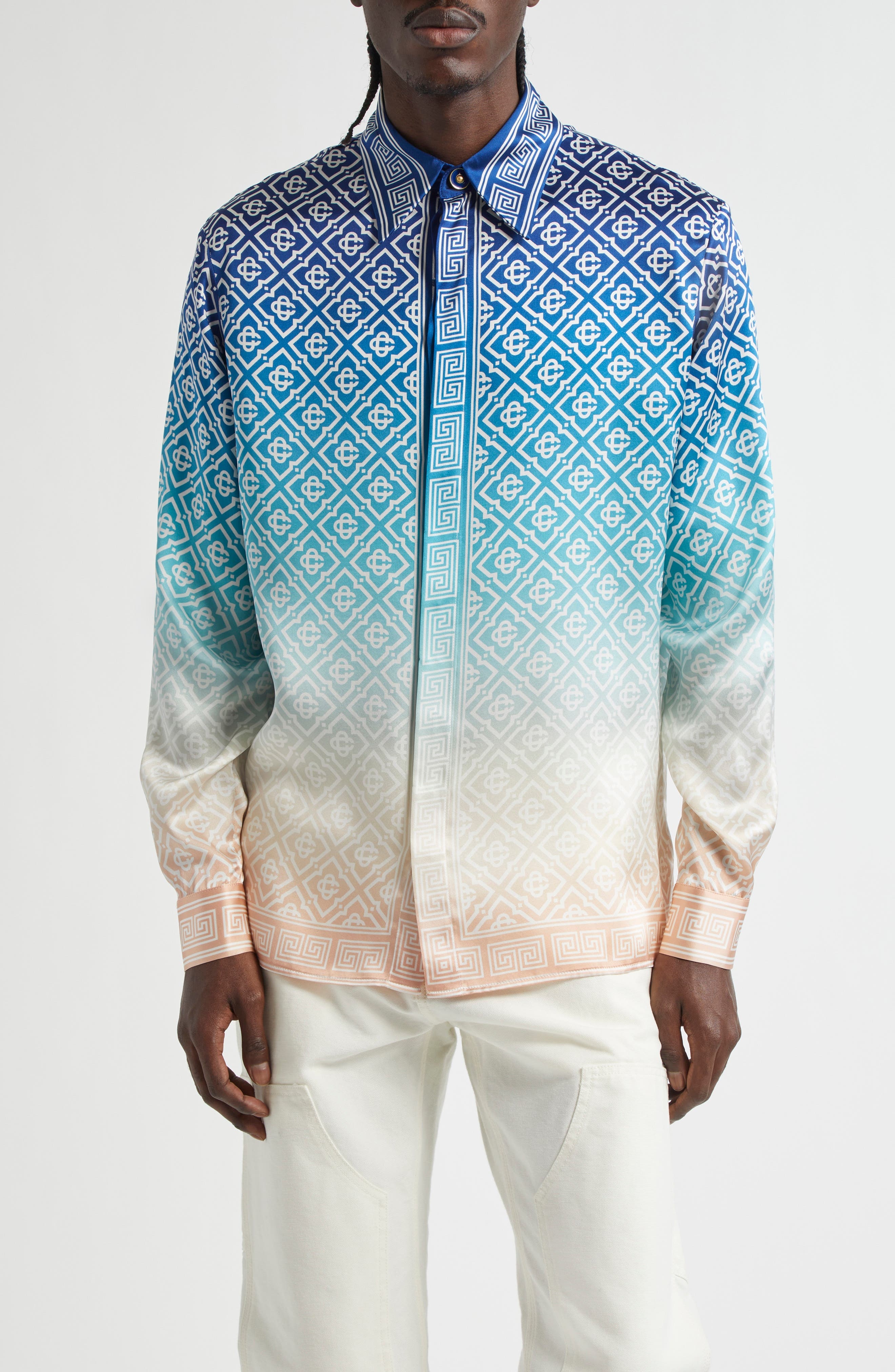 Casablanca Gradient Monogram Silk Button-Up Shirt in Blue Gradient at Nordstrom - 1