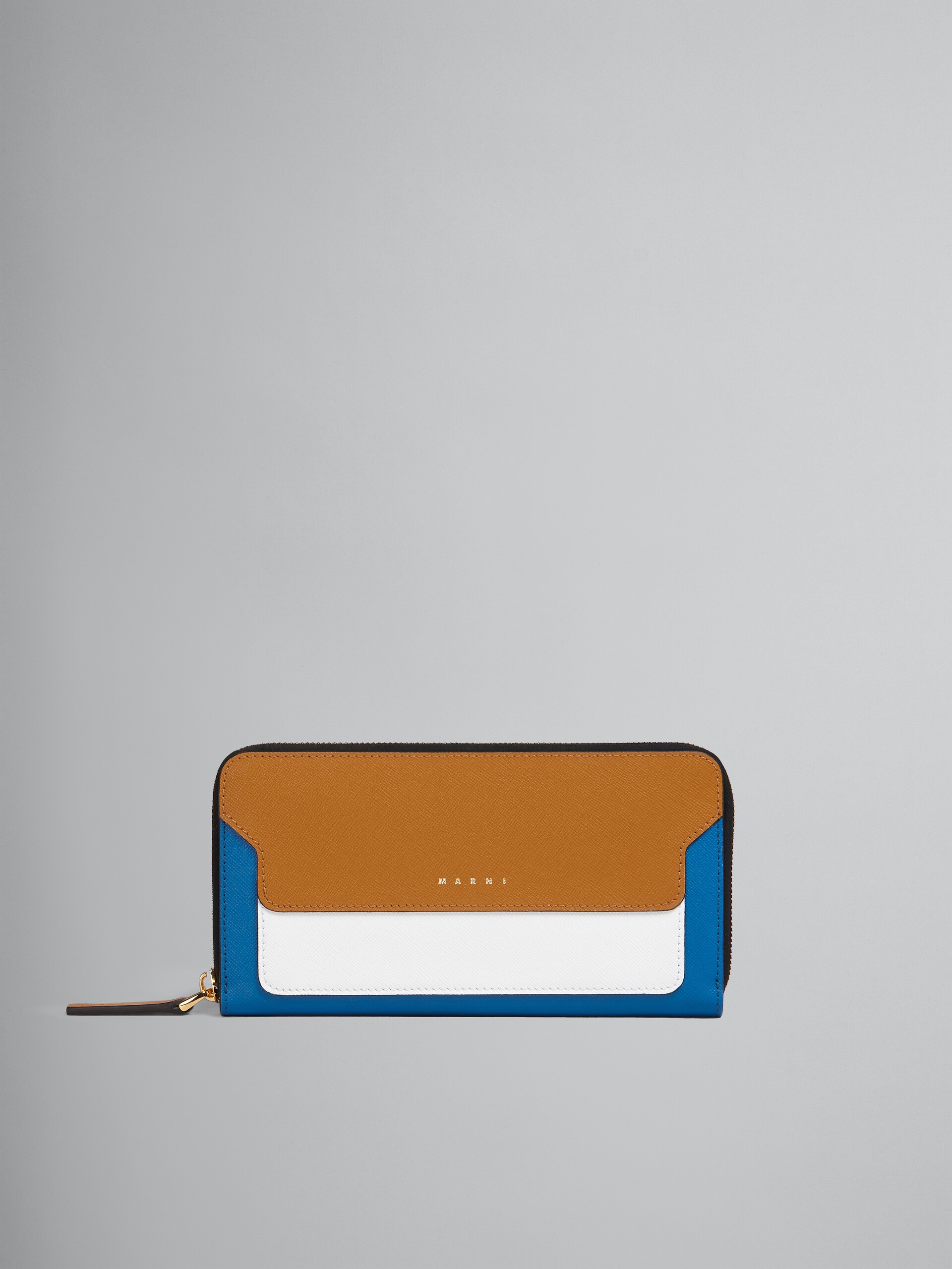 BROWN WHITE AND BLUE SAFFIANO LEATHER ZIP-AROUND WALLET - 1