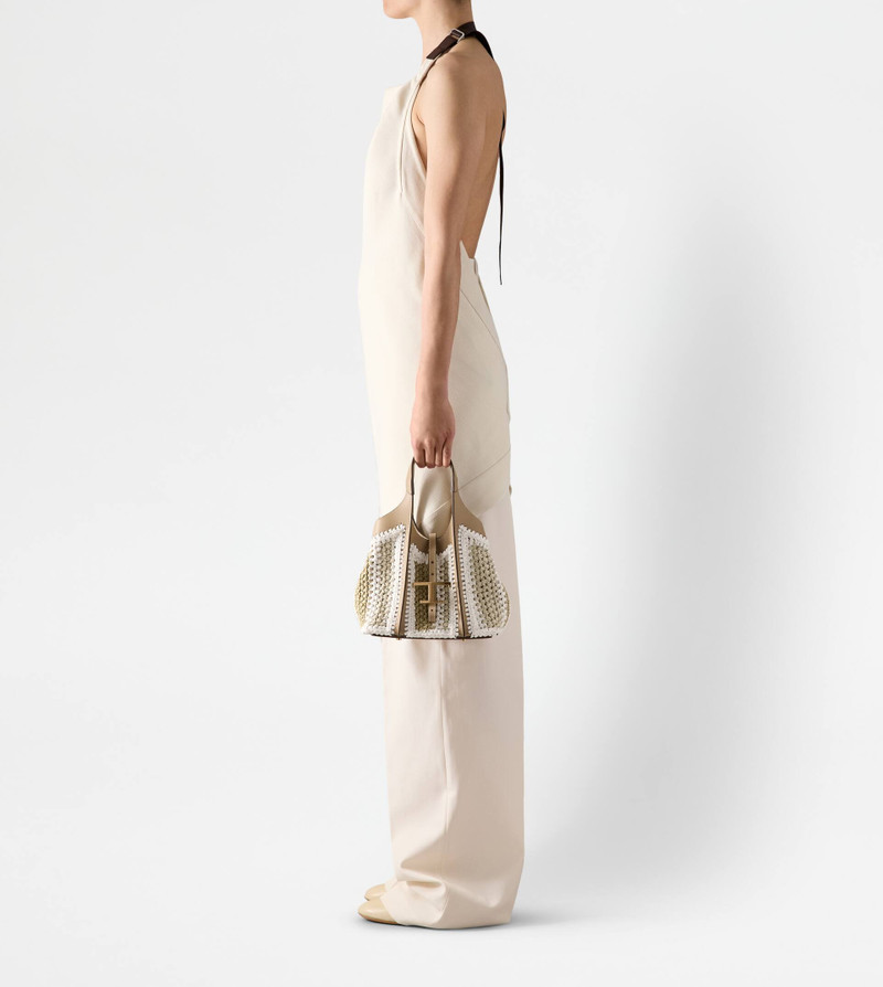 T TIMELESS SHOPPING BAG IN RAFFIA AND LEATHER MINI - BEIGE, WHITE 7