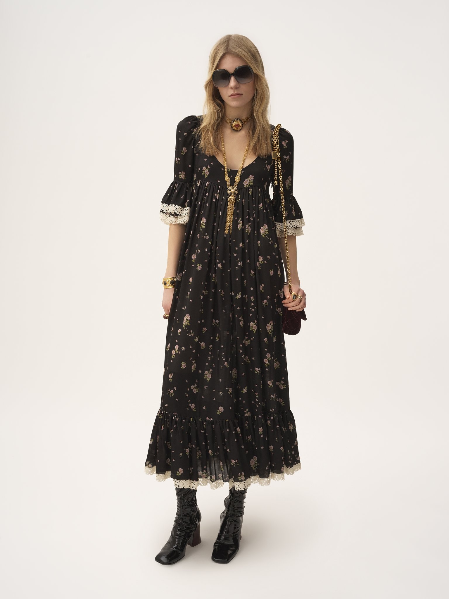 SCOOP-NECK MIDI DRESS IN SILK CHARMEUSE & LACE - 3