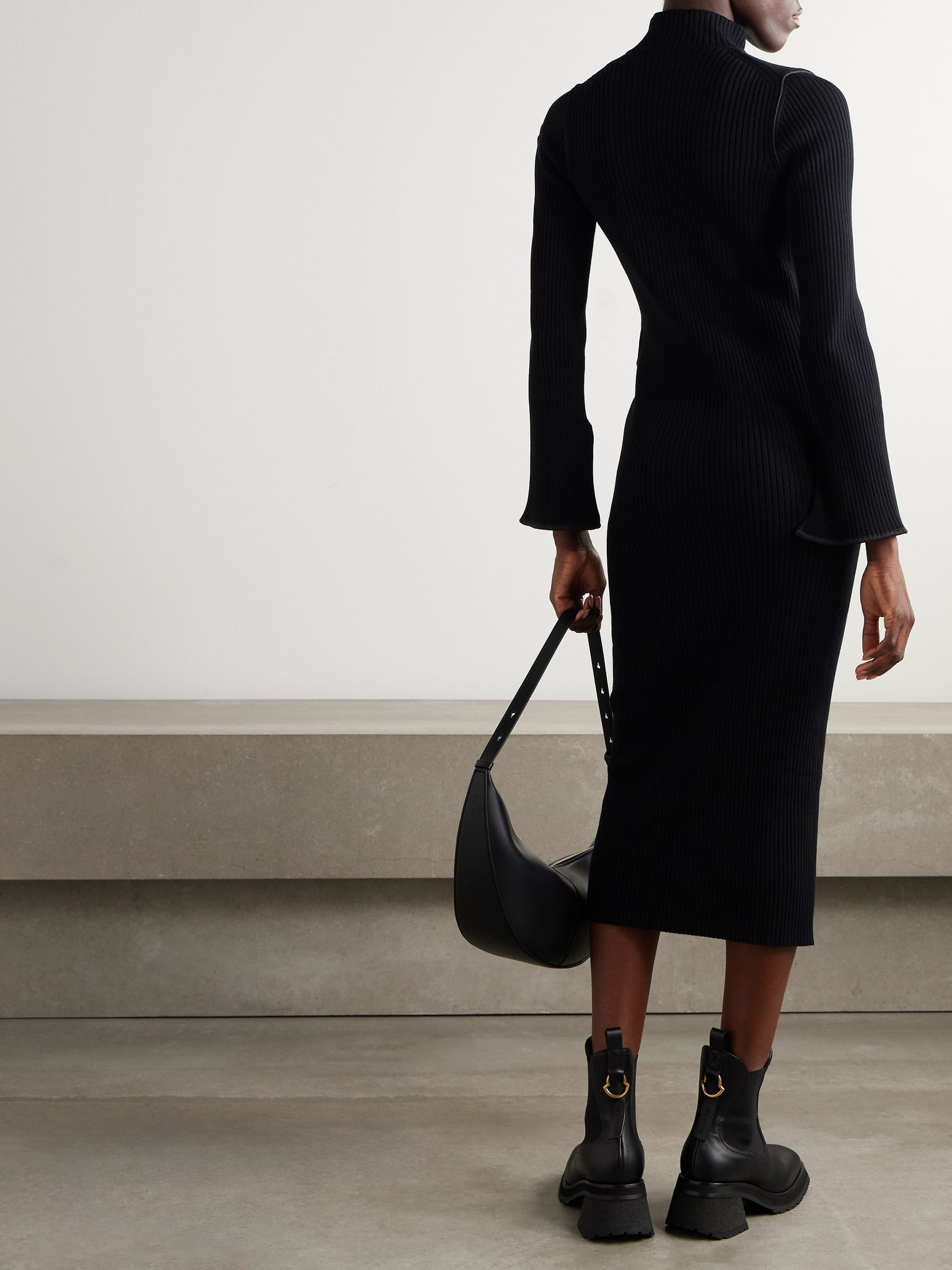 Ribbed-knit midi dress Black - 4