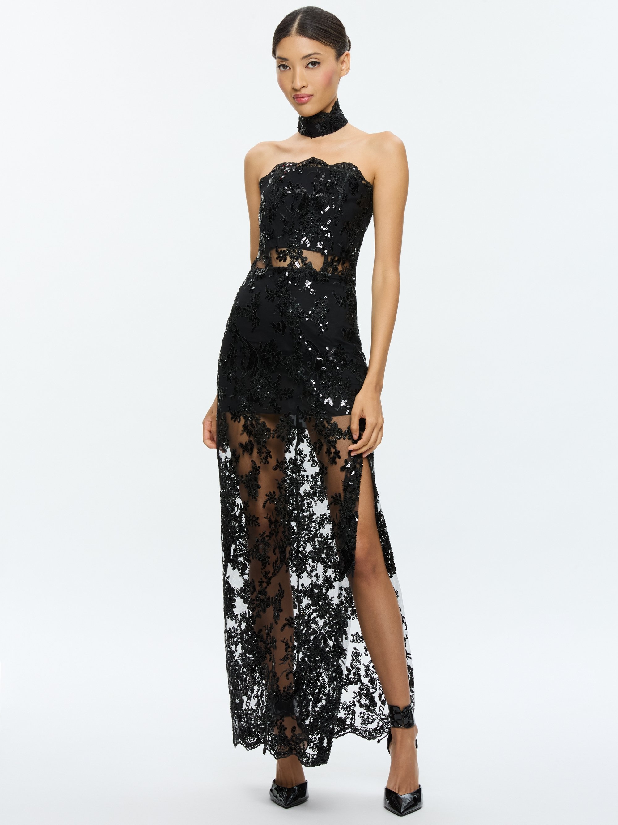 GEORGIE EMBELLISHED STRAPLESS HIGH SLIT GOWN WITH COLLAR - 2