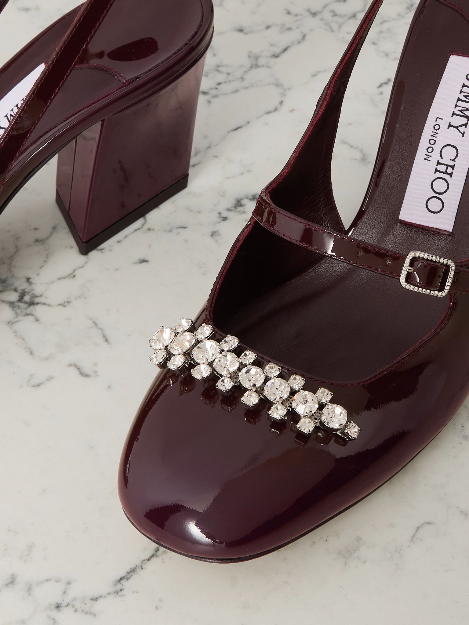 Belinda 70 crystal-embellished patent-leather slingback pumps Burgundy - 4