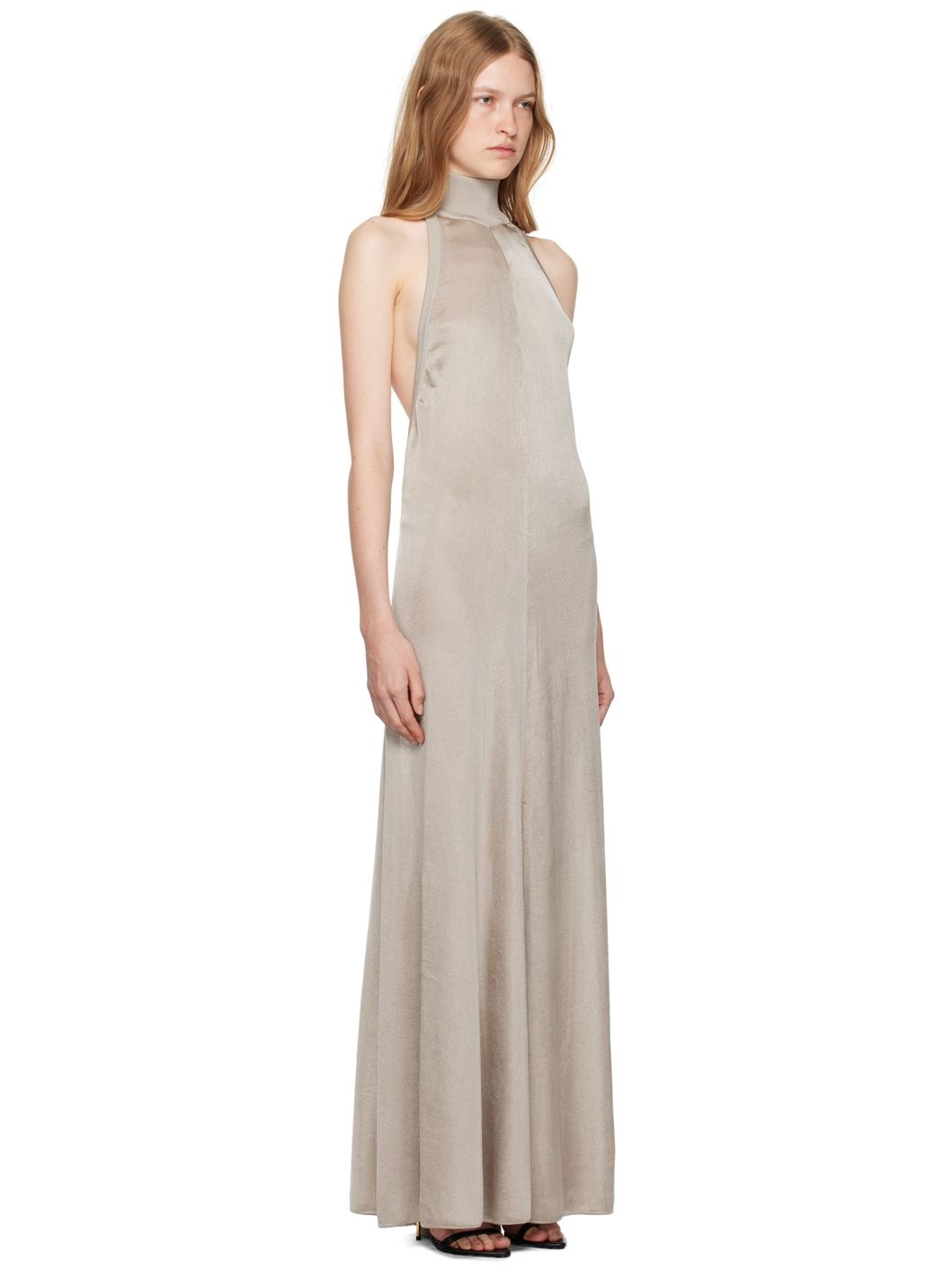 Taupe Halterneck Knit Evening Maxi Dress - 2