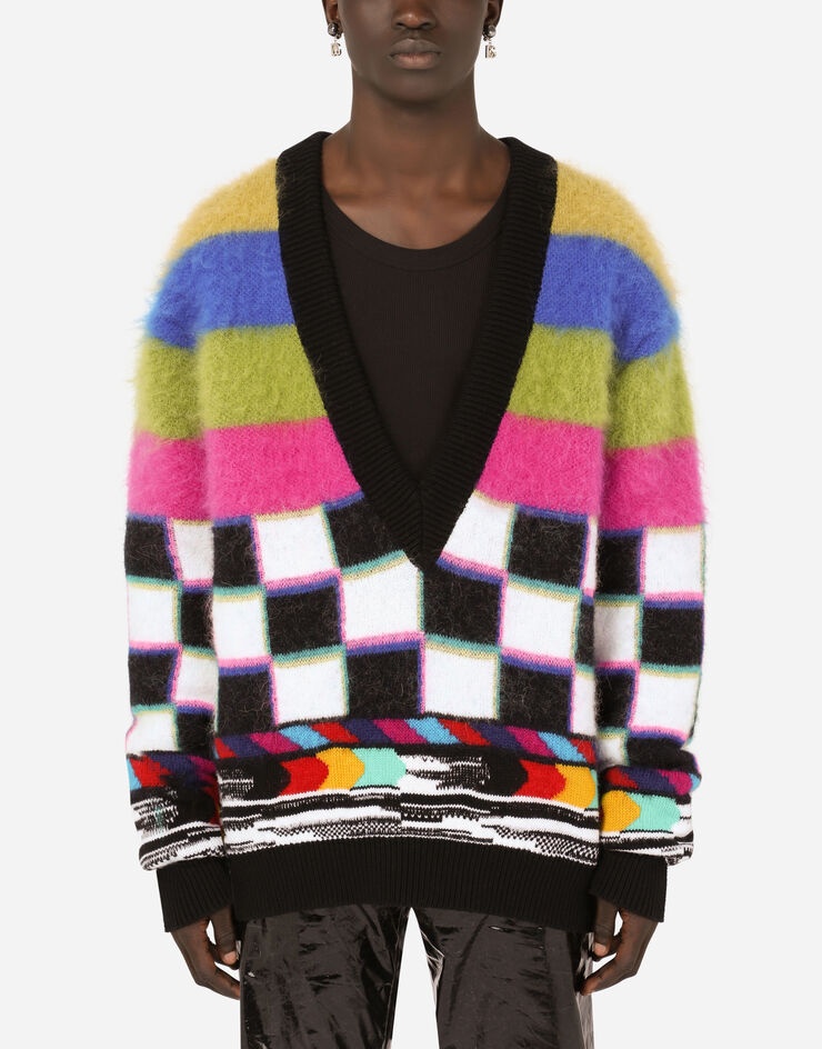 Jacquard V-neck sweater with multi-color glitch design - 1