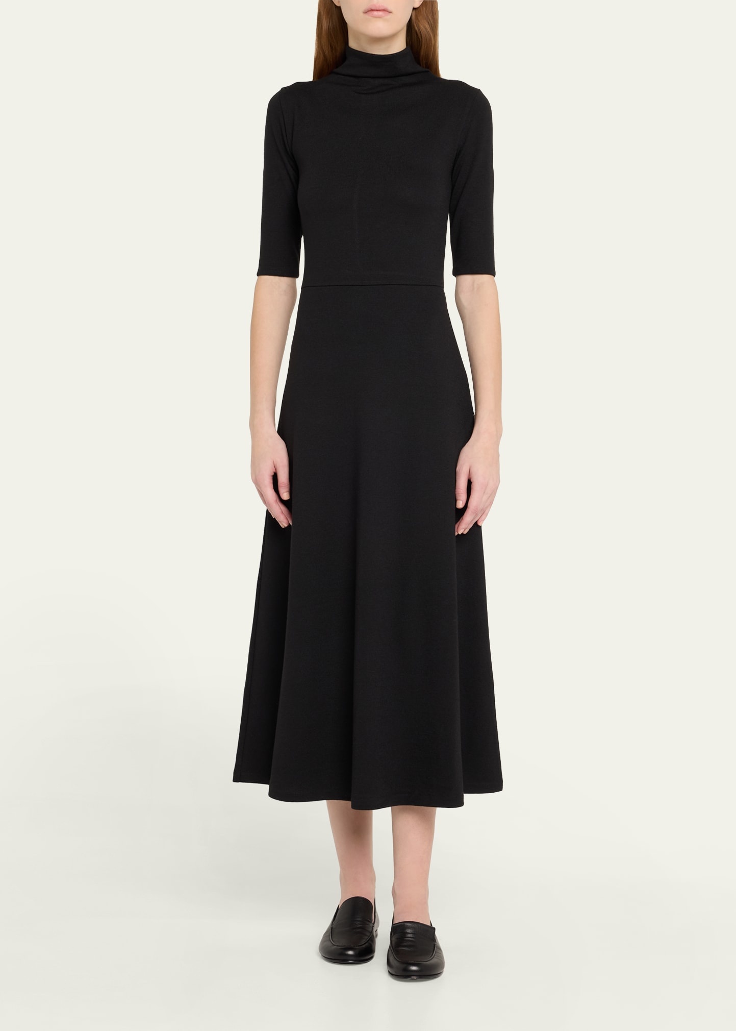 Elbow-Sleeve Turtleneck Midi Dress - 2