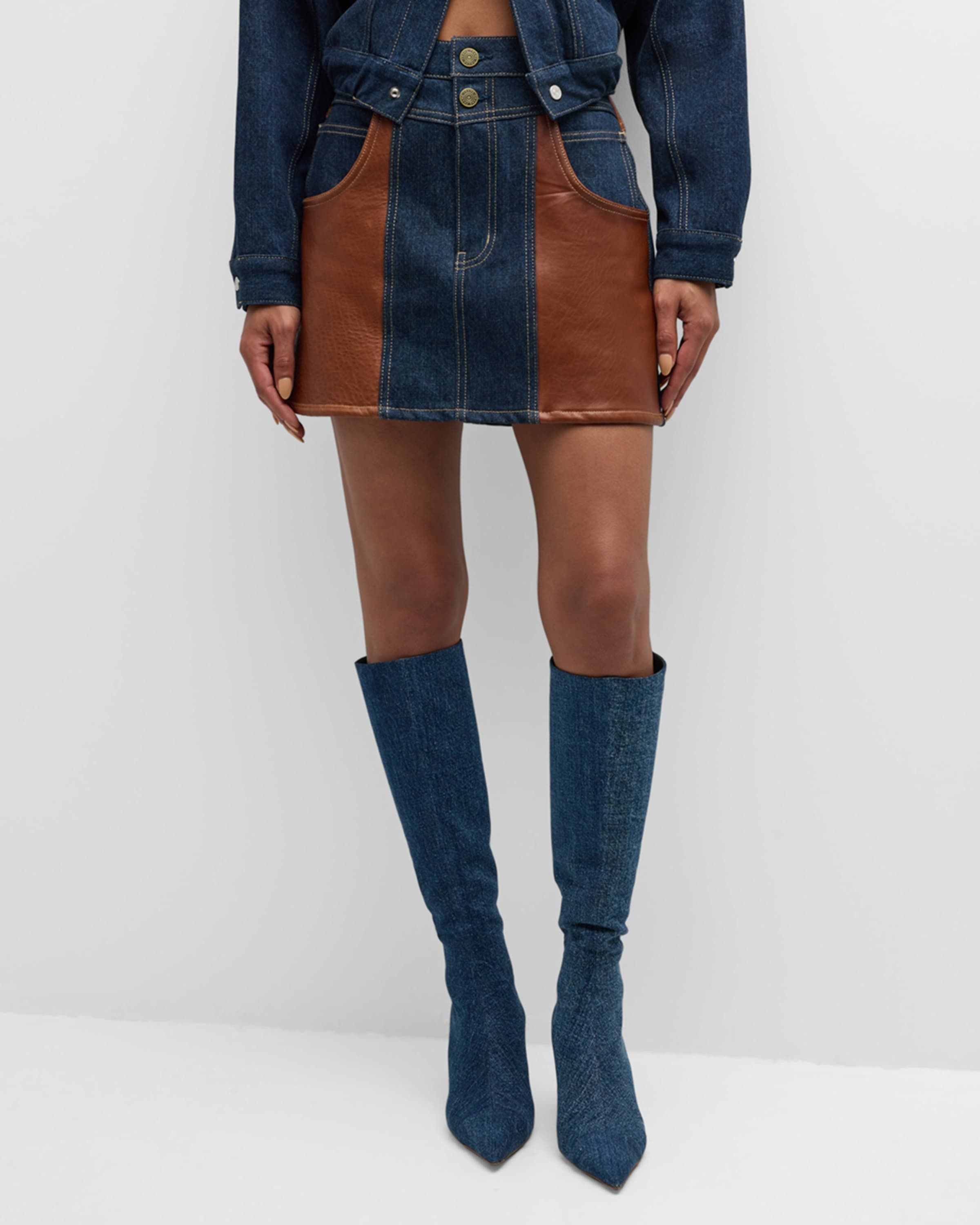Atelier Denim and Leather Mini Skirt - 2