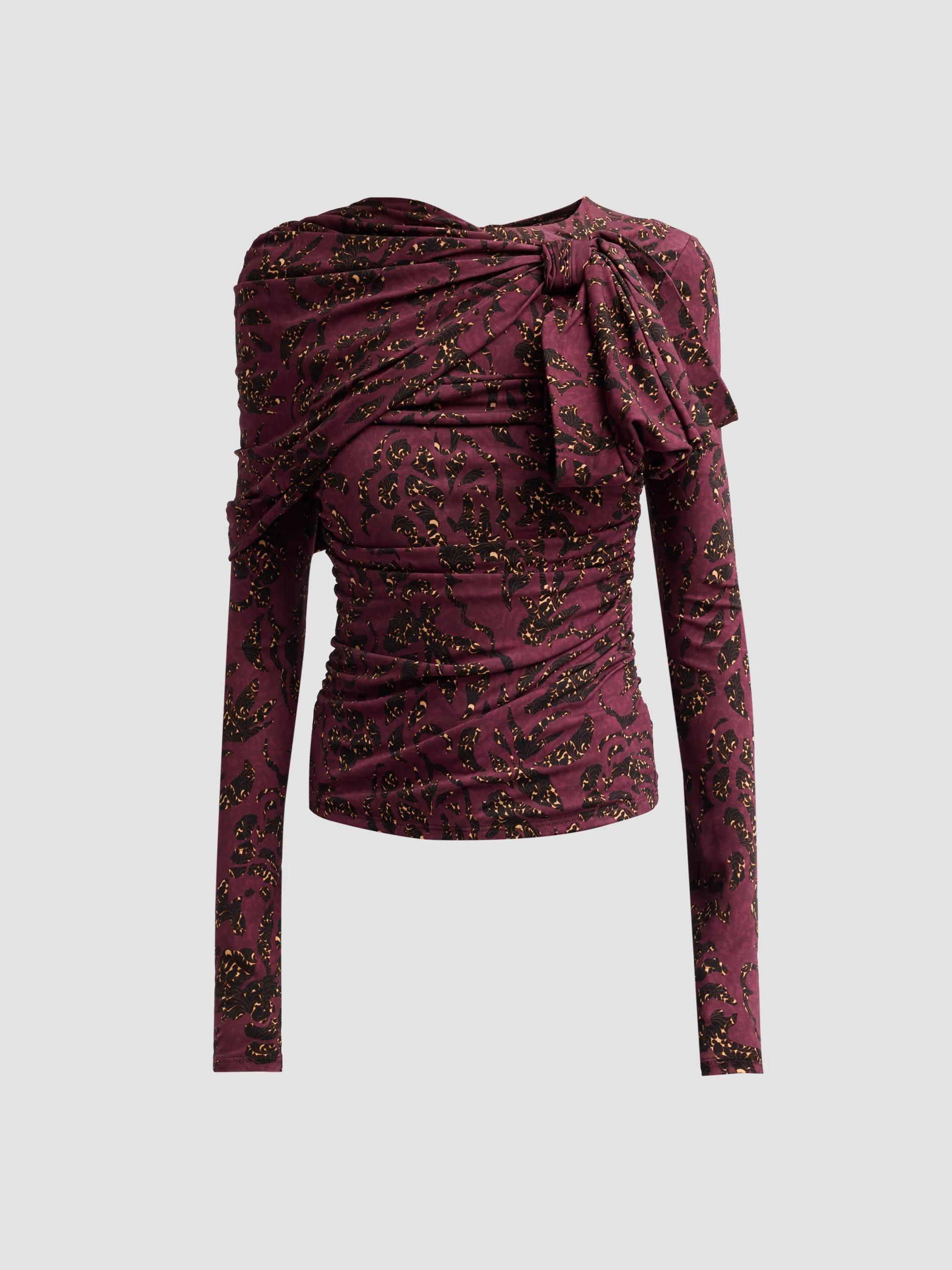 Women's Neema Printed Draped Jersey Top - Claret Floral - 1