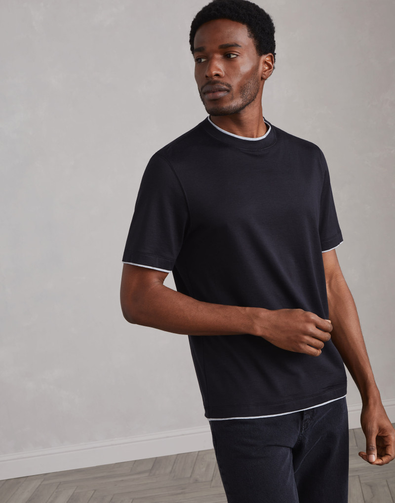 Silk and cotton lightweight jersey crew neck T-shirt with faux-layering - 1