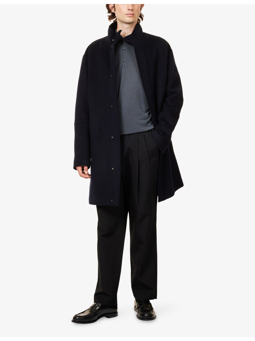 Stand-Collar Long-Sleeve Wool Overcoat - 2