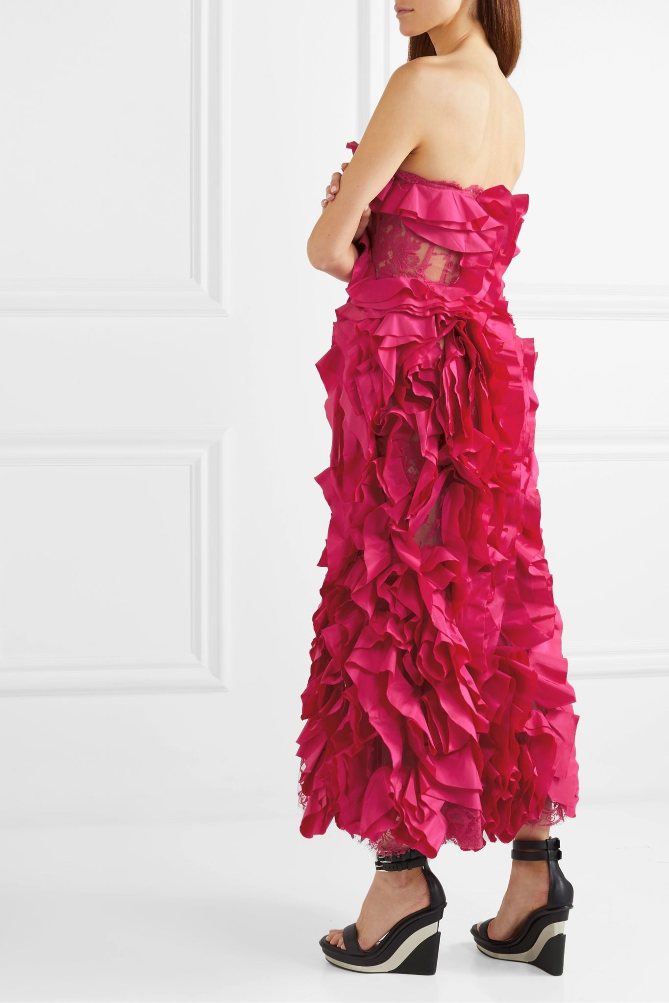 Strapless ruffled silk-taffeta and cotton-blend lace gown  - 4