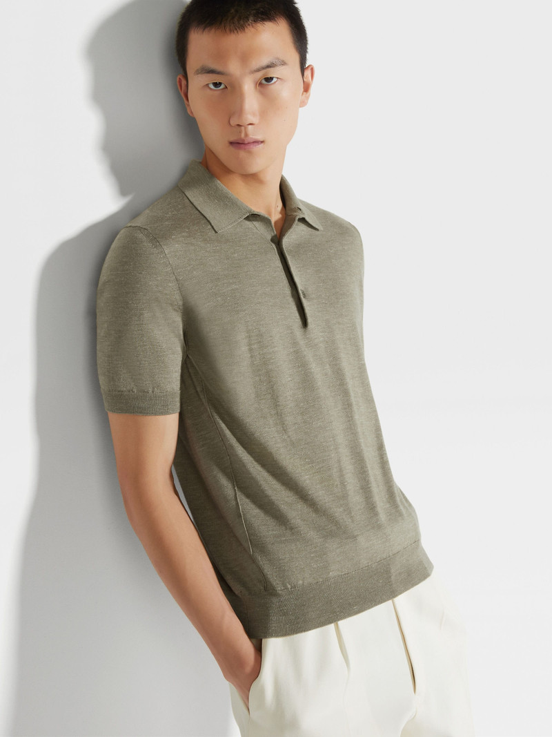 OLIVE GREEN MÉLANGE SILK CASHMERE AND LINEN POLO SHIRT 3