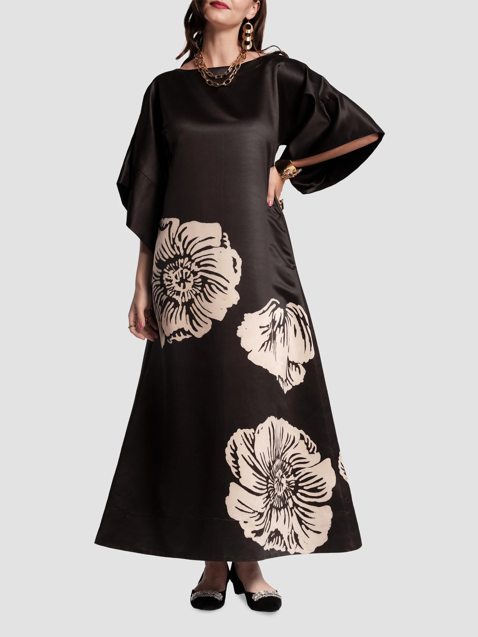 Women's Spinnaker Floral Satin Maxi Dress - Black Camel - 1