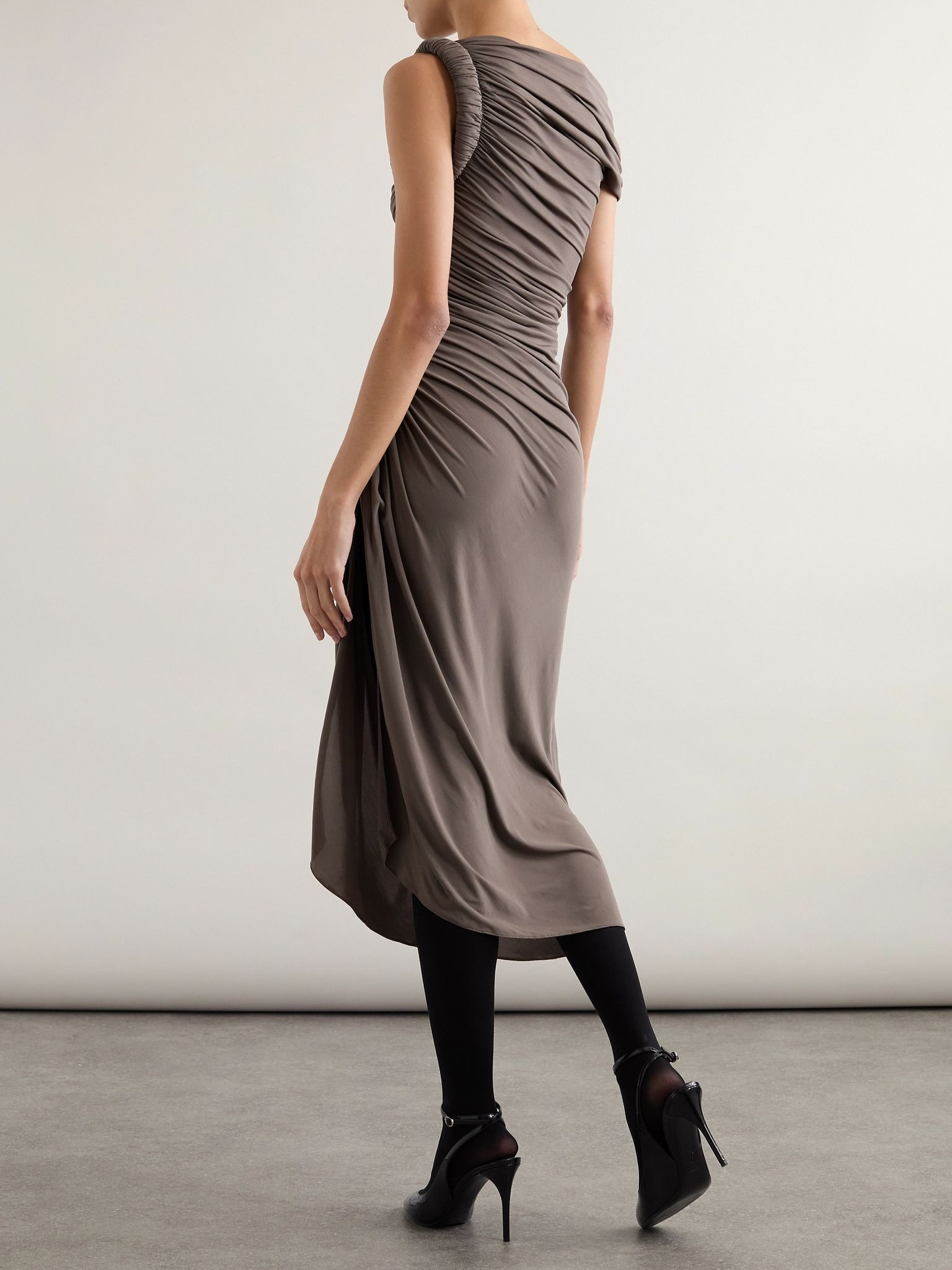 One-shoulder draped stretch-jersey midi dress Taupe - 3