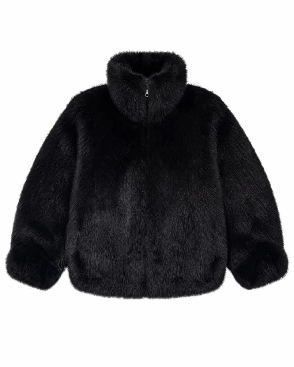 BLACK FAUX FUR COAT WITH A HIGH COLLAR - 1