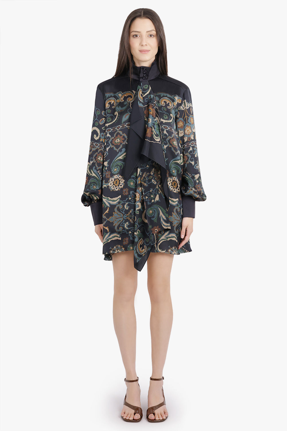 SCARF L/S FLORAL PRINT HIGH NECK DRAPE MINI DRESS | NAVY/MULTI - 3