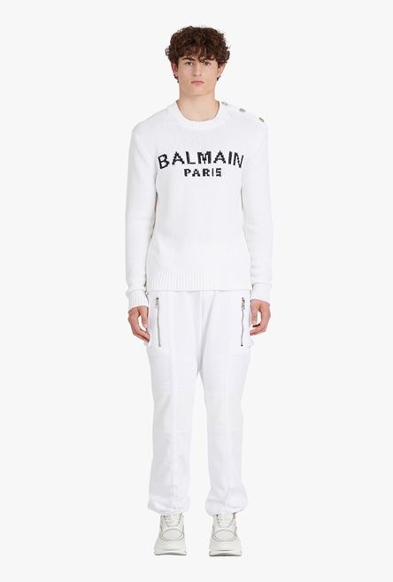 White cotton sweater with embroidered black Balmain Paris logo - 4