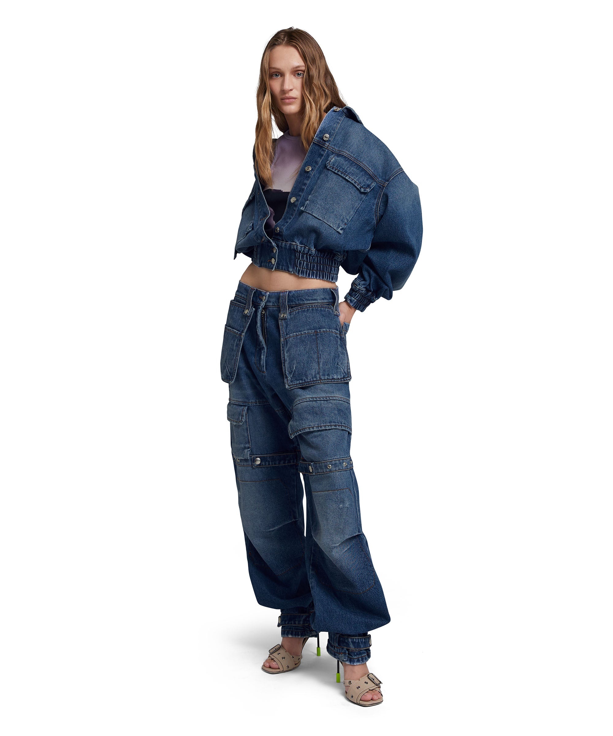 Blue denim pocketed crop jacket - 5