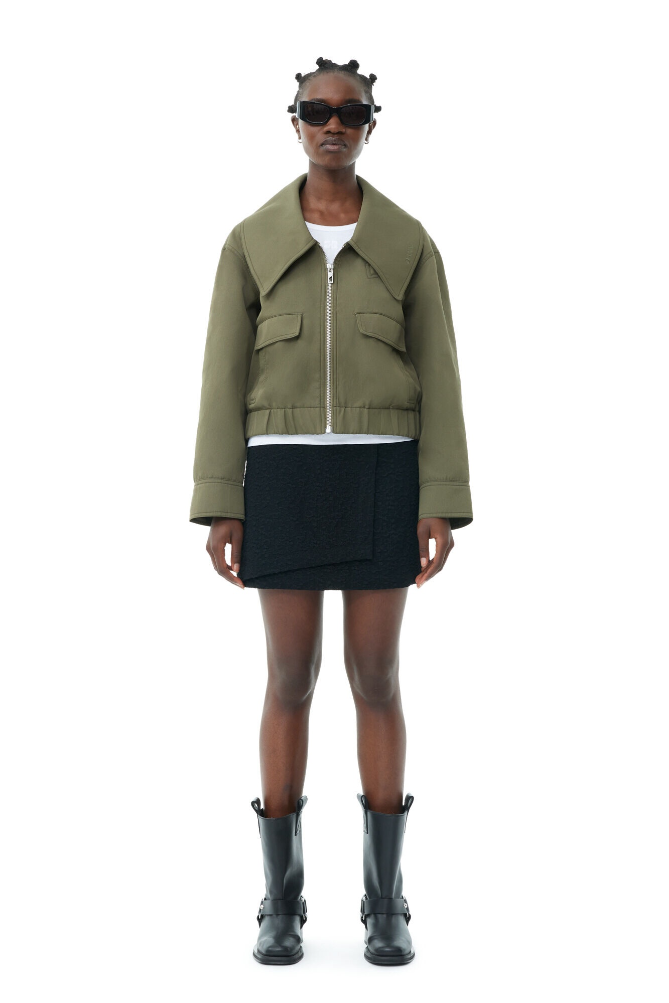 GREEN HEAVY TWILL WIDE COLLAR SHORT JACKET - 4