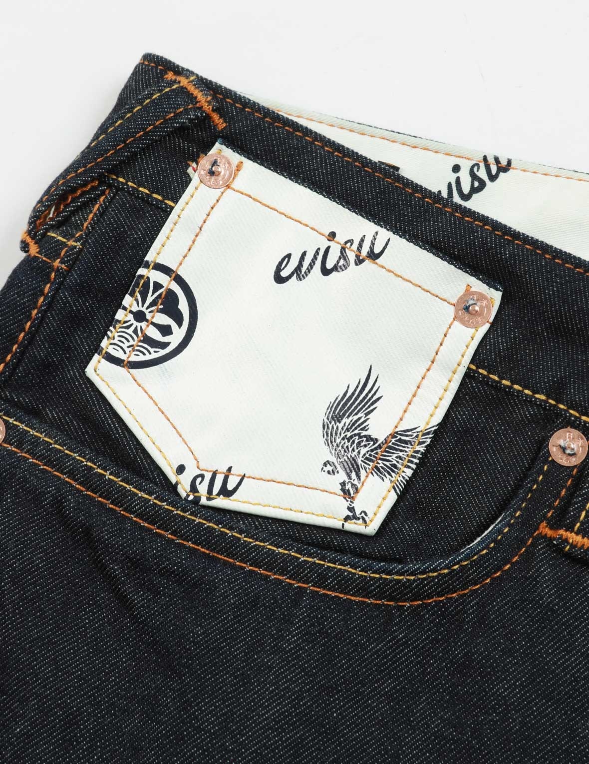 KAMON AND EAGLE-PATTERN BRUSHSTROKE DAICOCK PRINT CROPPED-FIT JEANS #2027 - 7