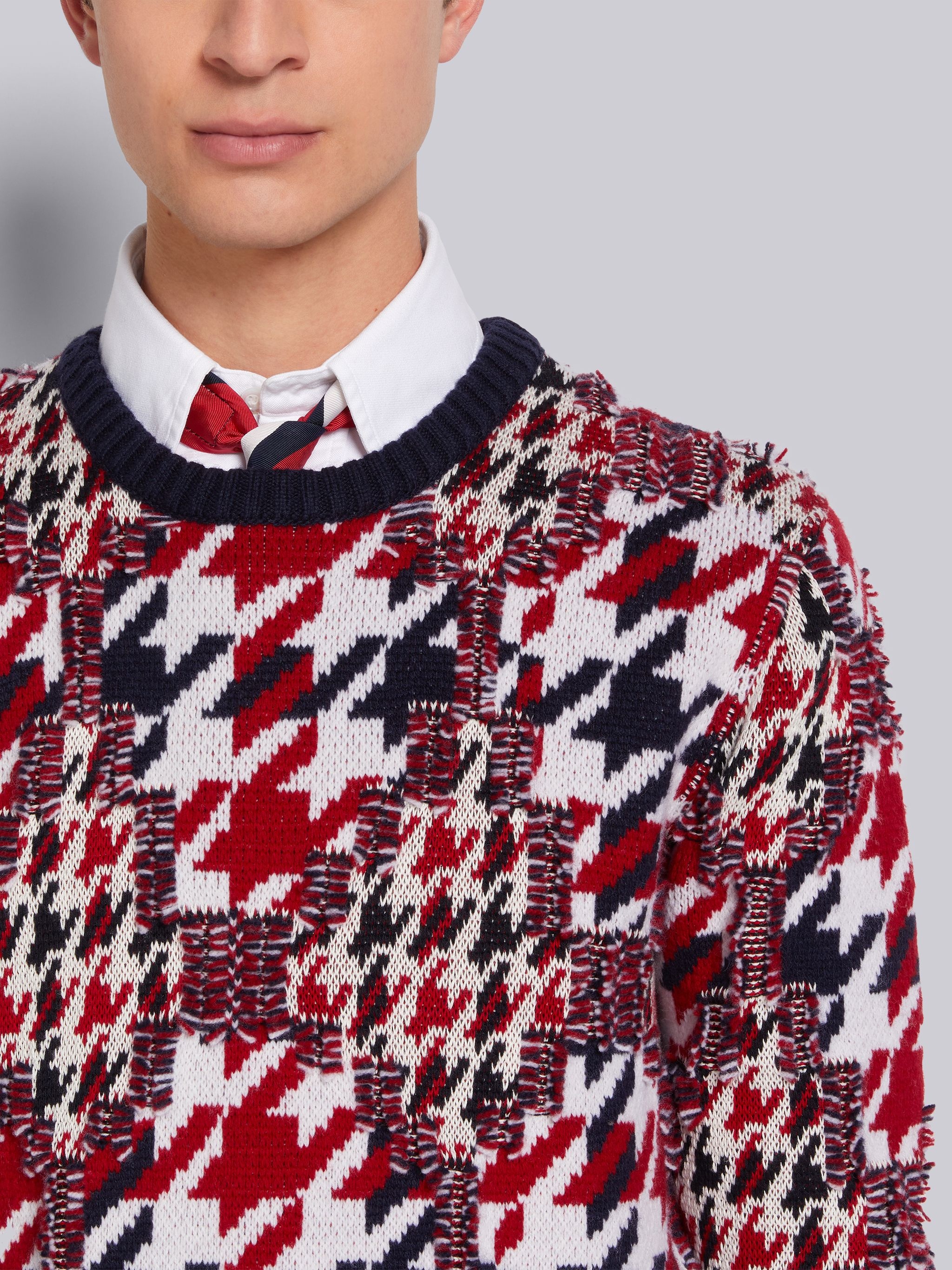 Multicolor Frayed Houndstooth Jacquard Tipping Stripe Pullover - 5