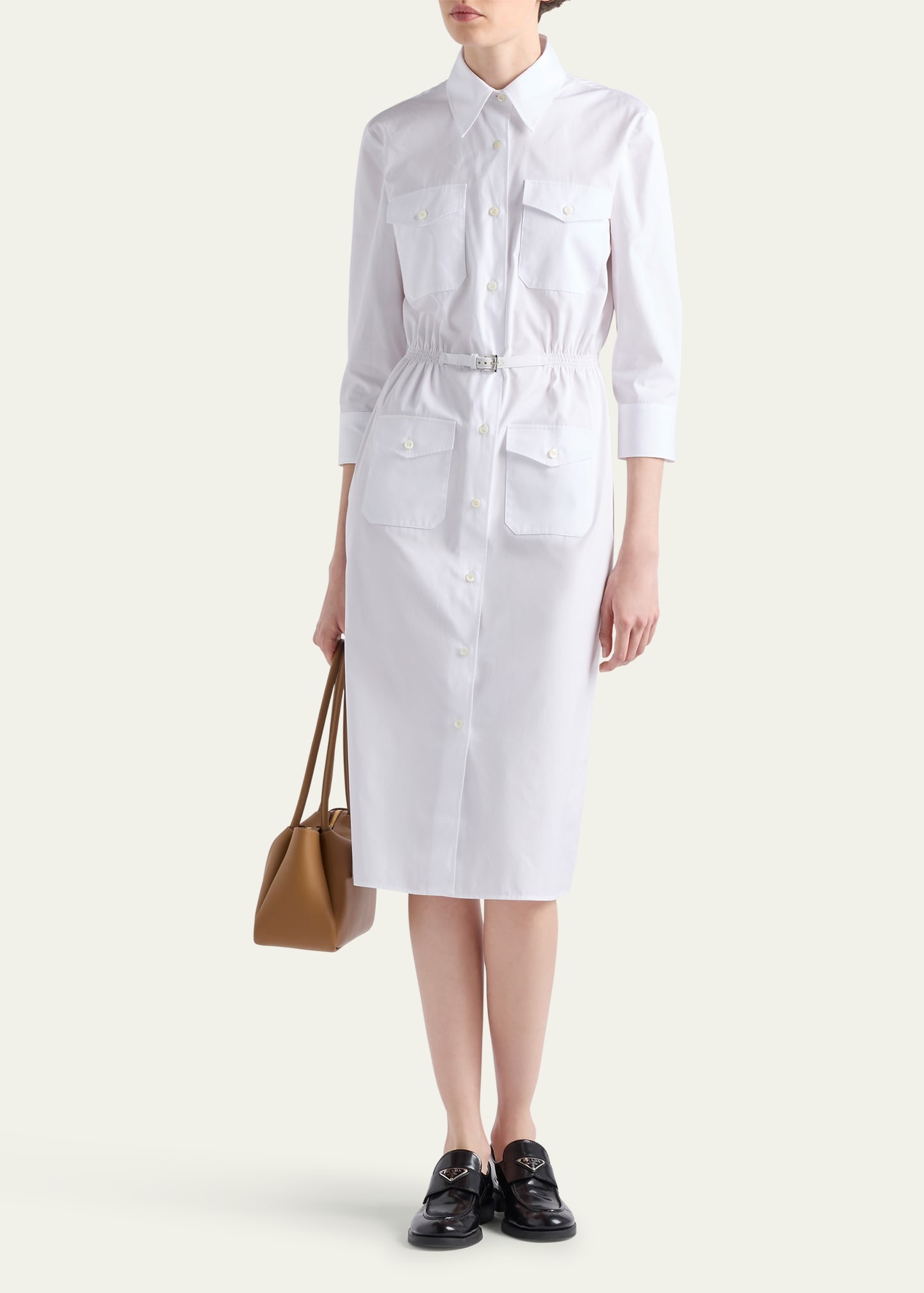 Button Down Belted Poplin Midi Shirt Dress - 2