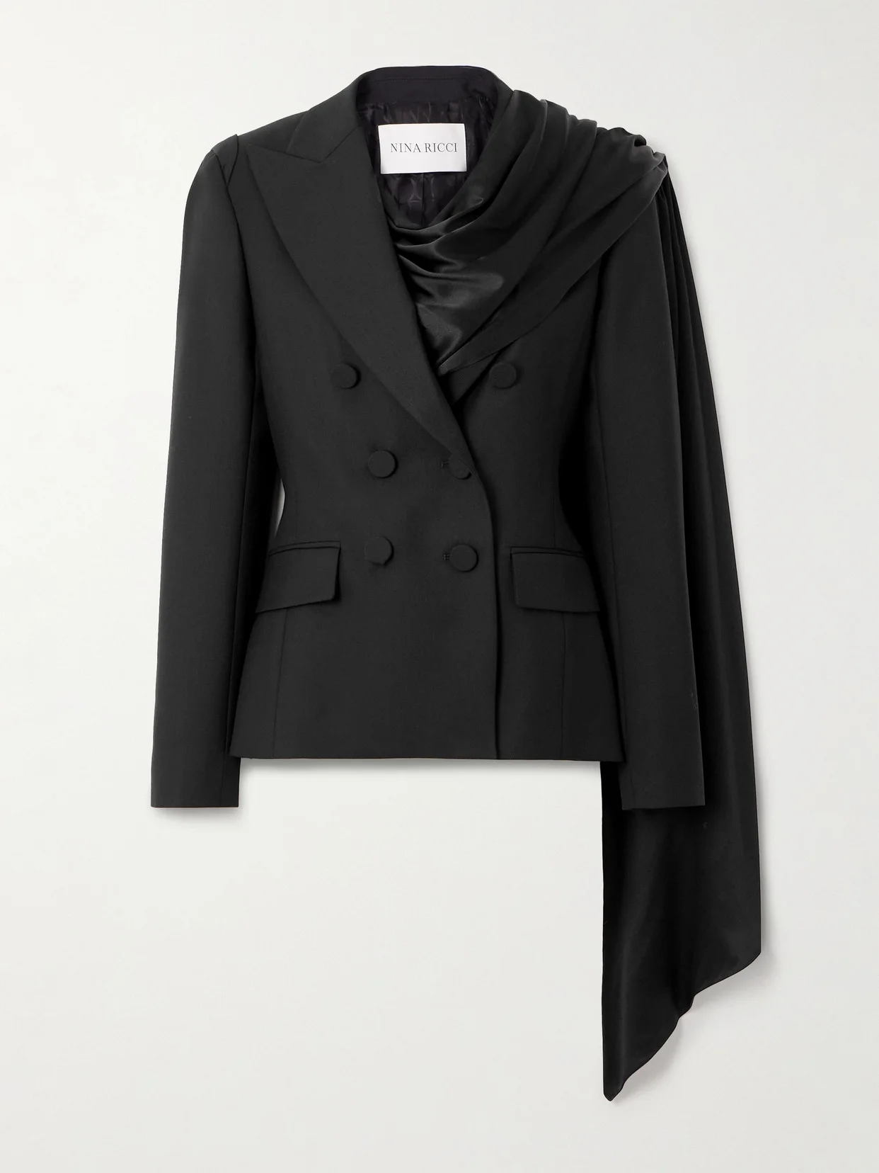 Double-breasted Draped Satin-trimmed Wool Blazer - 1