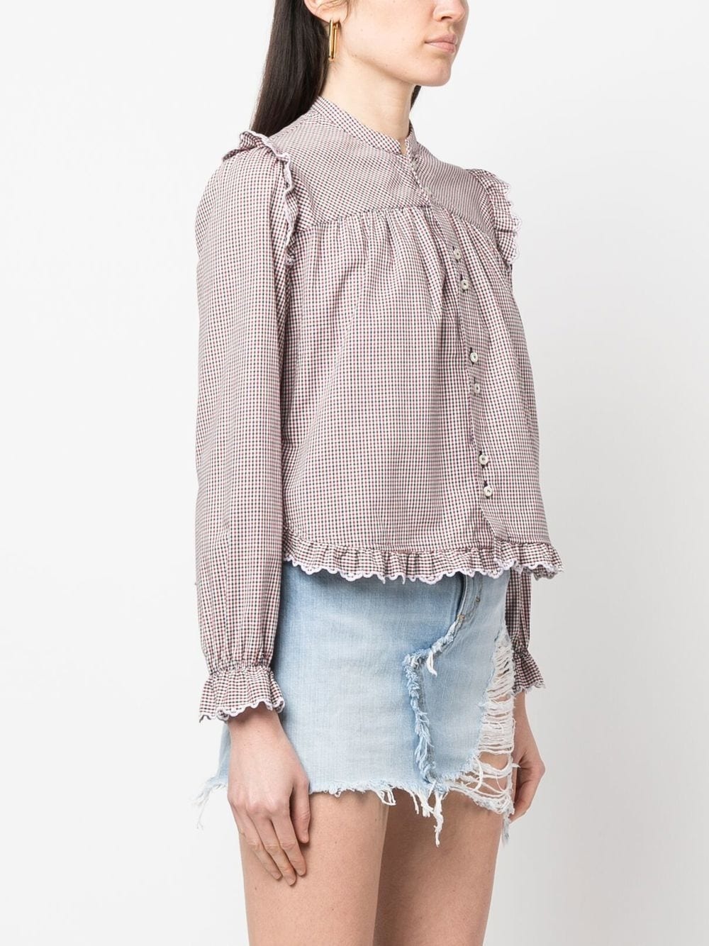 check-pattern ruffled blouse - 3