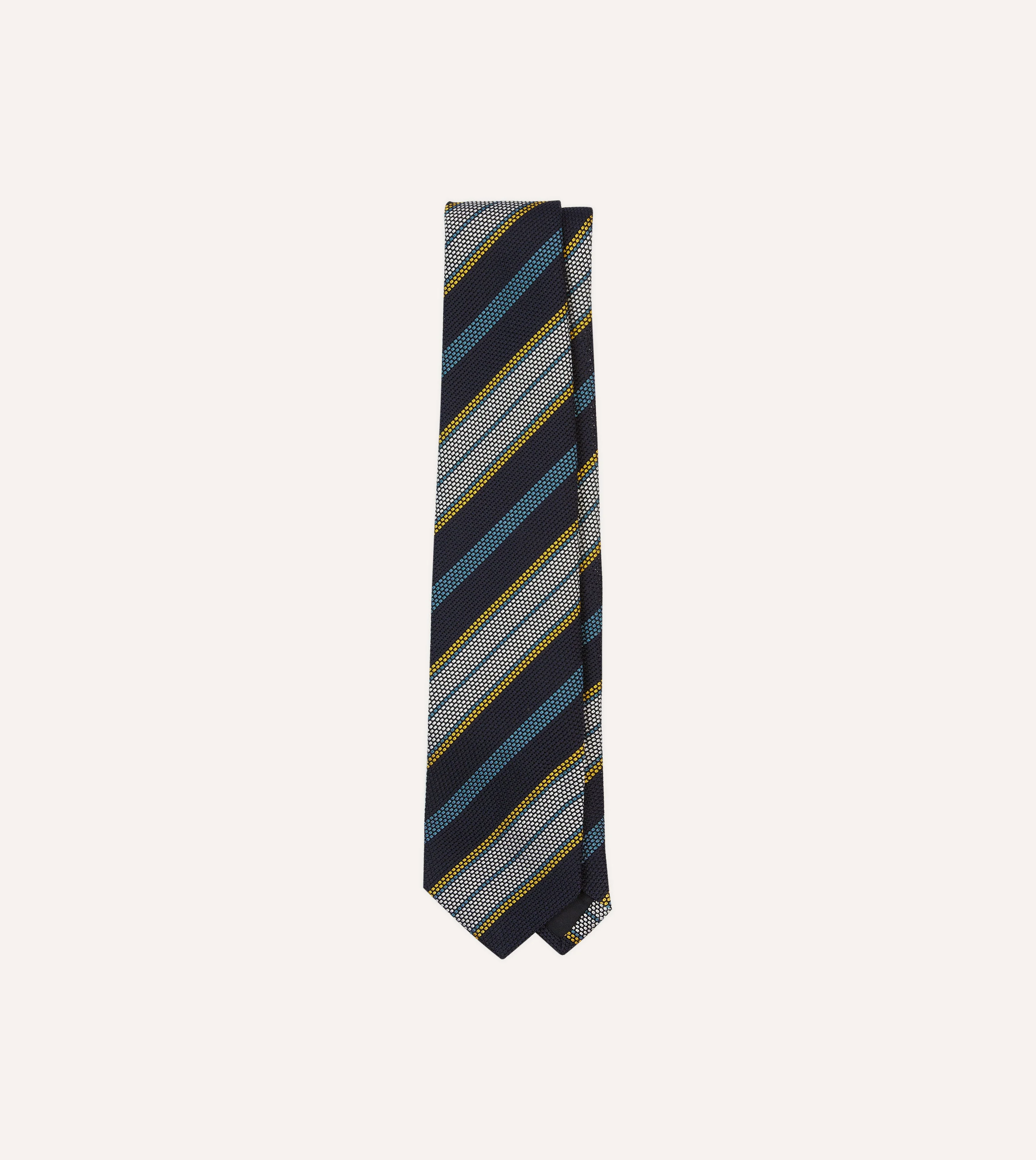 Navy, Blue, Yellow and White Multi Stripe Tipped Silk Grenadine Tie - 1