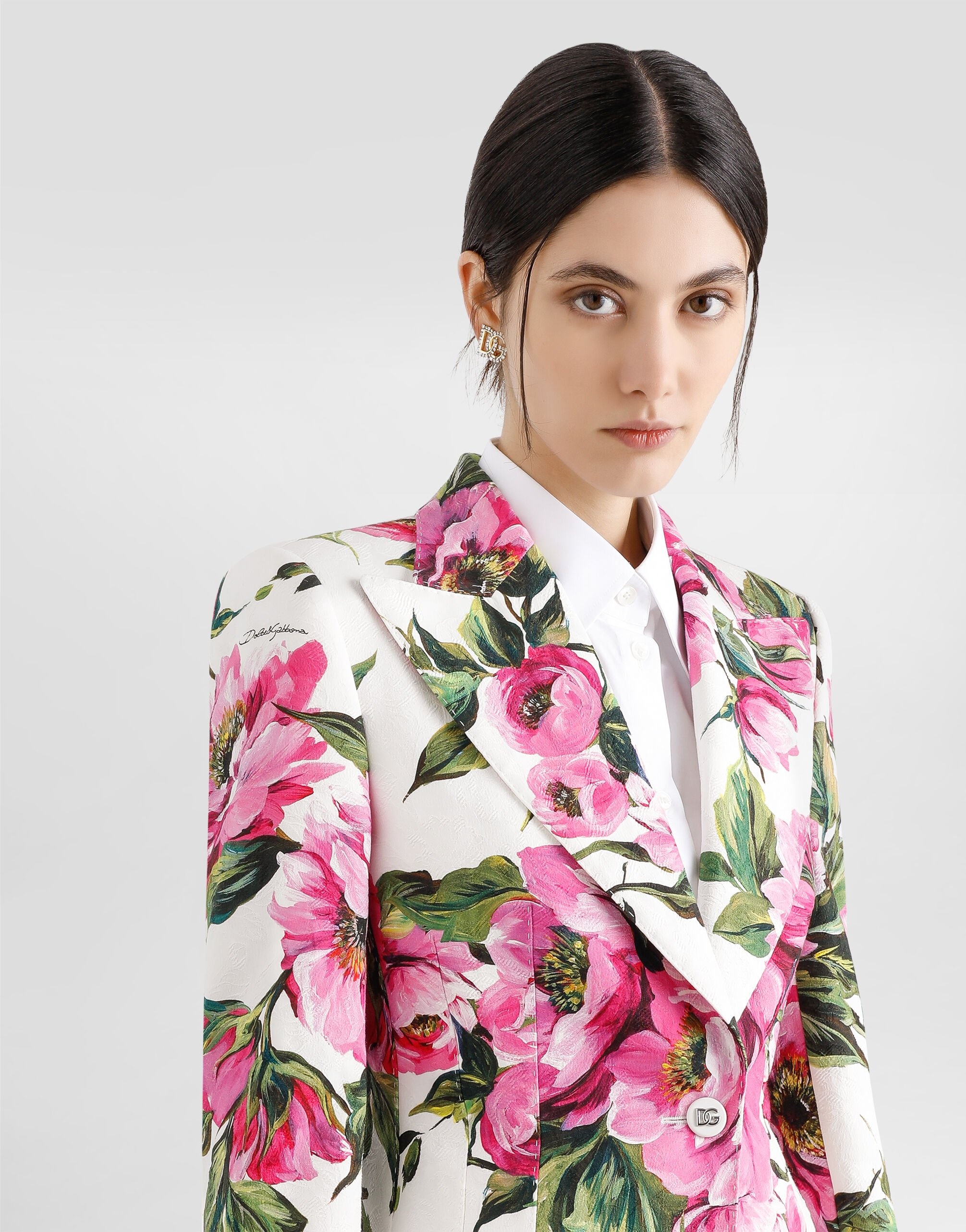 Cotton jacquard Turlington jacket with peony print - 4