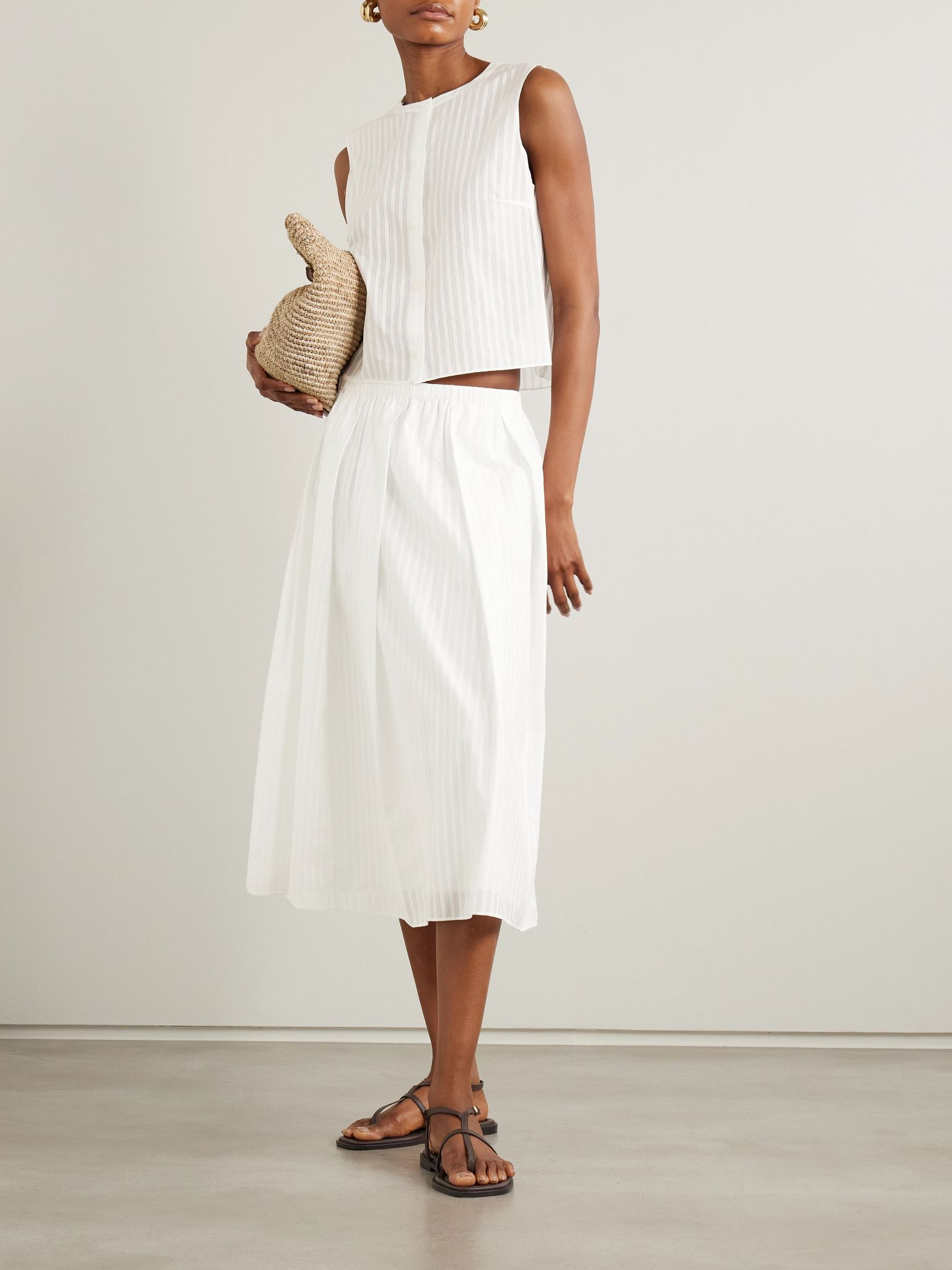 Pleated striped cotton-poplin midi skirt White - 2