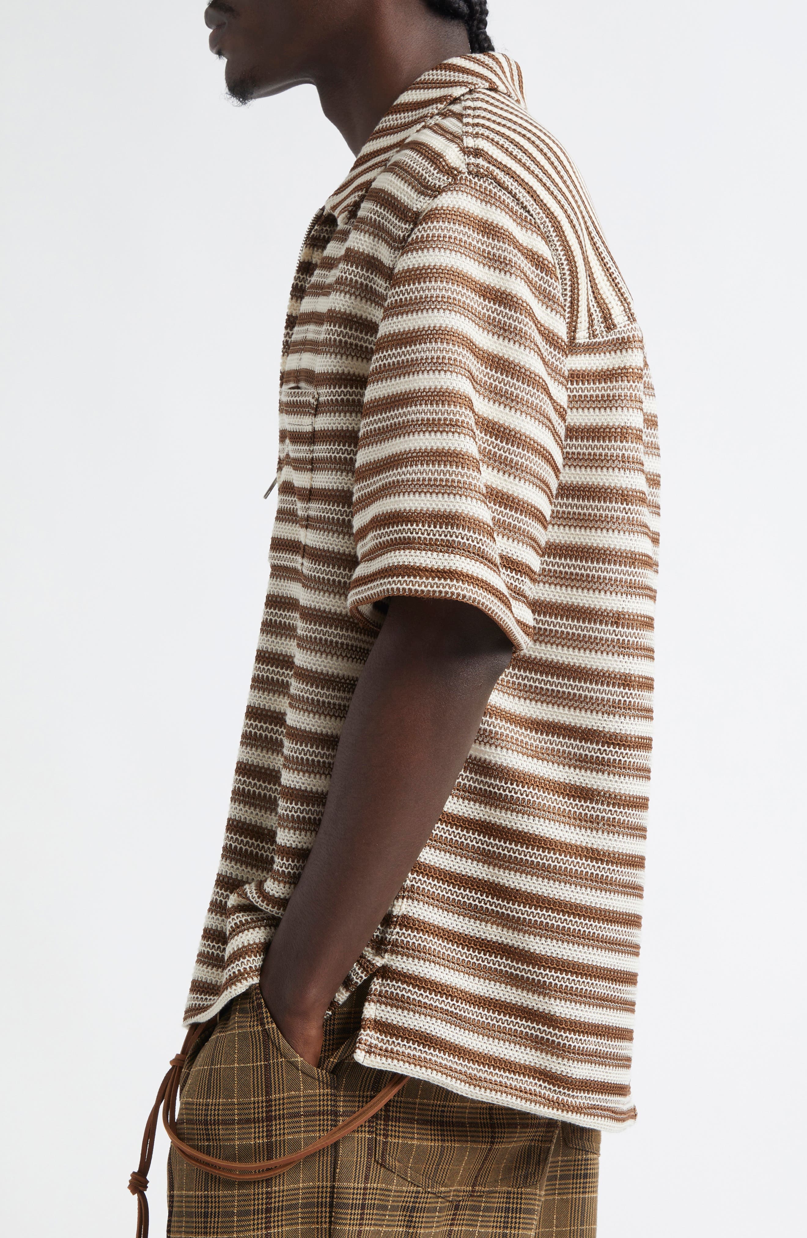 SONG FOR THE MUTE Boxy Stripe Zip Shirt in Brown /Ivory at Nordstrom - 4
