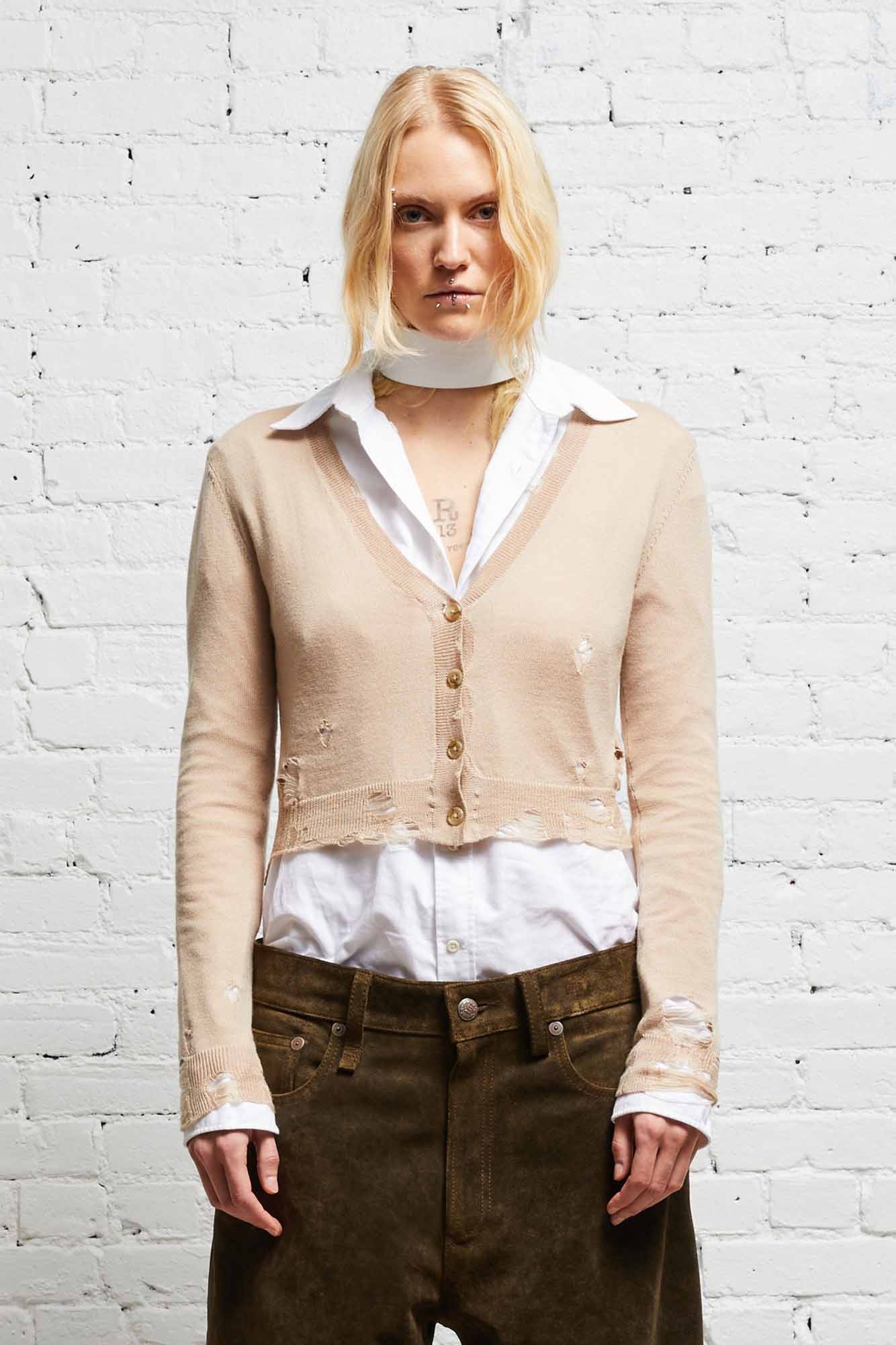 DISTRESSED BABY CARDIGAN - TAN - 1