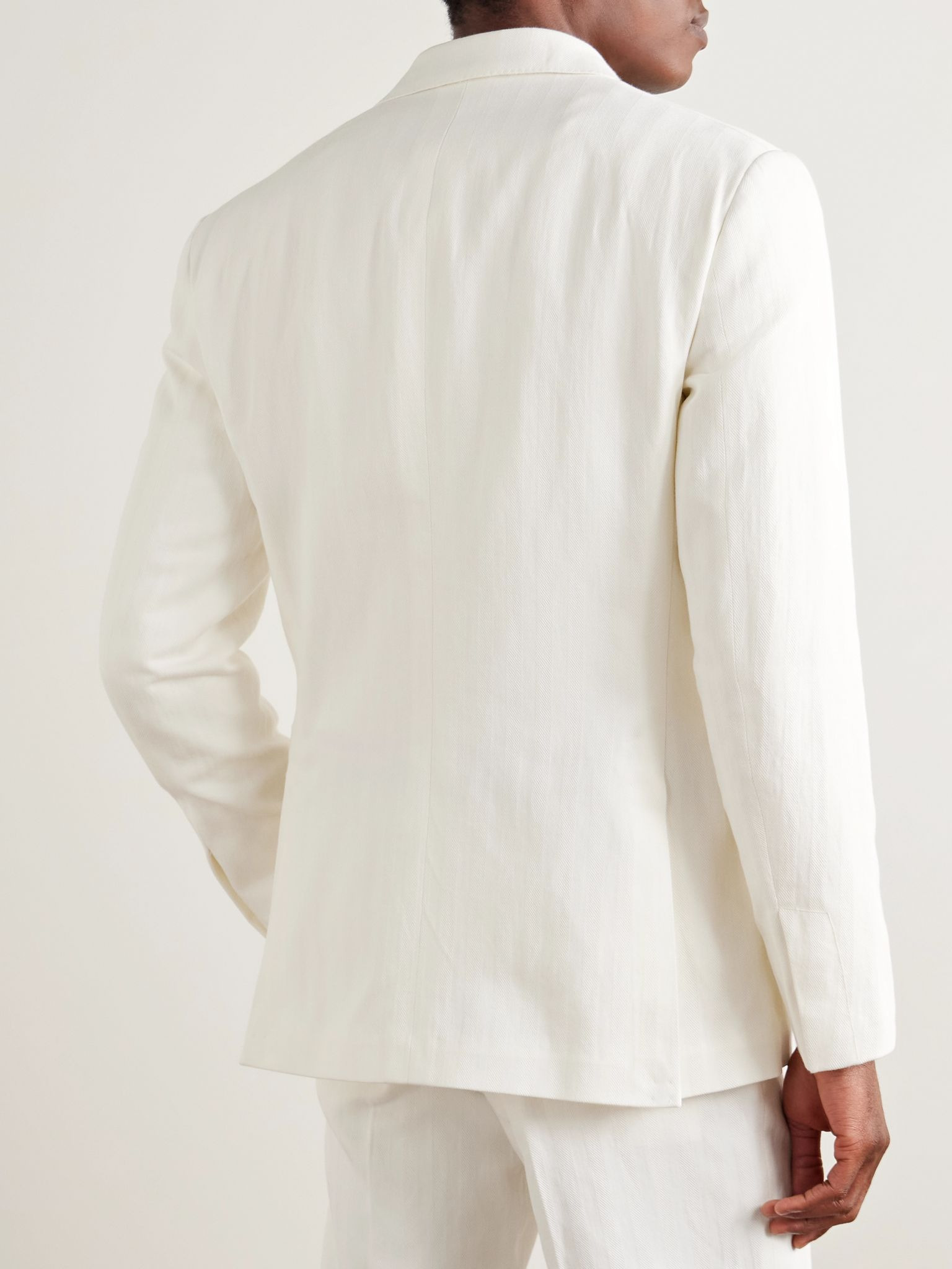 Double-Breasted Herringbone Cotton and Linen-Blend Suit Jacket Cream - 3