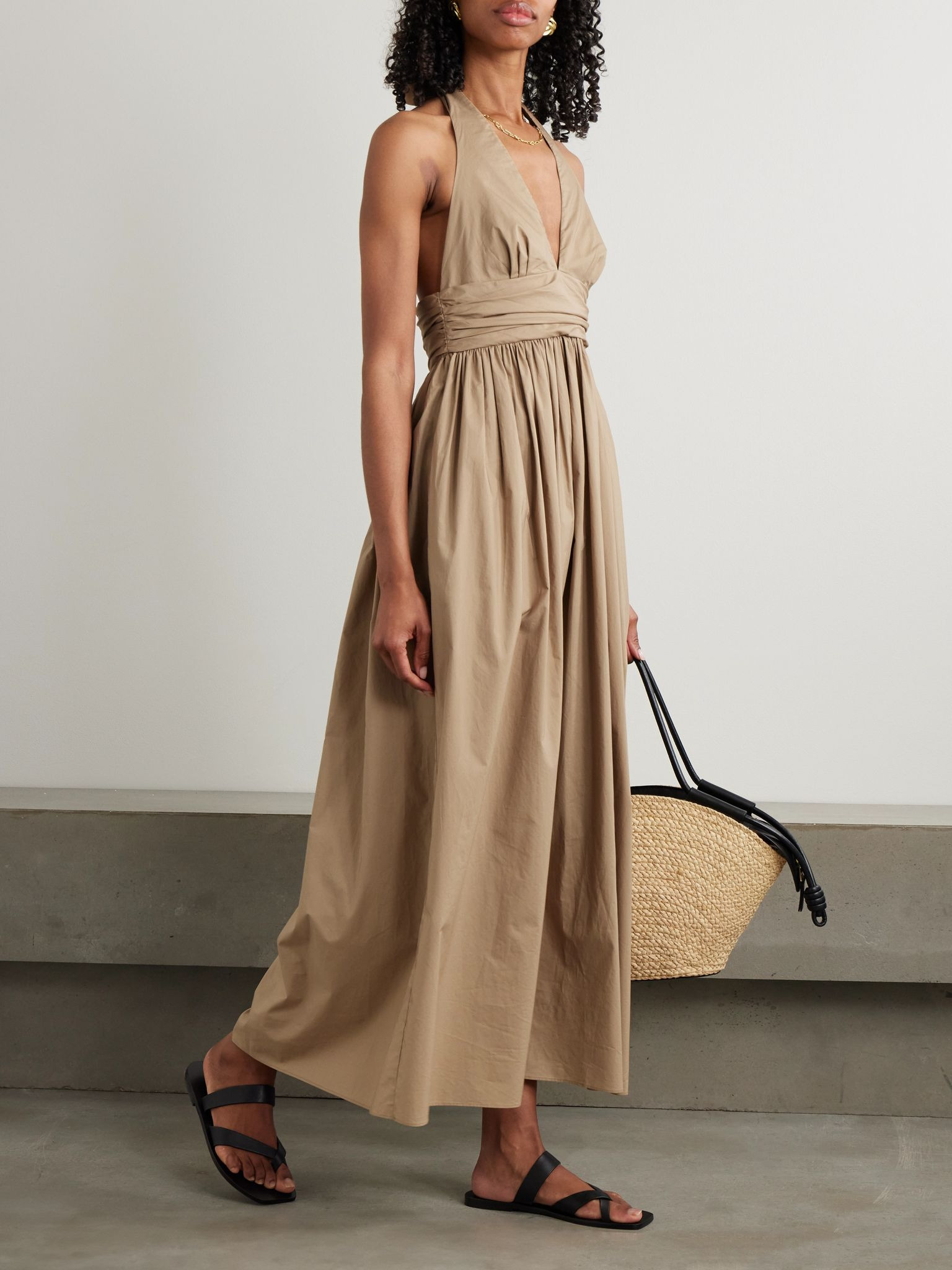 Gathered organic cotton-poplin halterneck maxi dress Beige - 2