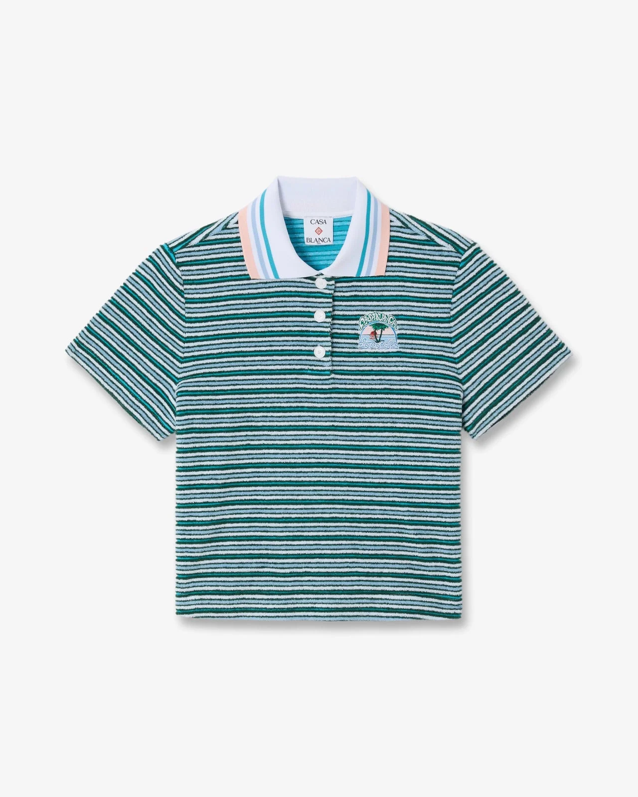 Teal Striped Towelling Short Sleeve Polo Shirt | Casablanca Paris - 1