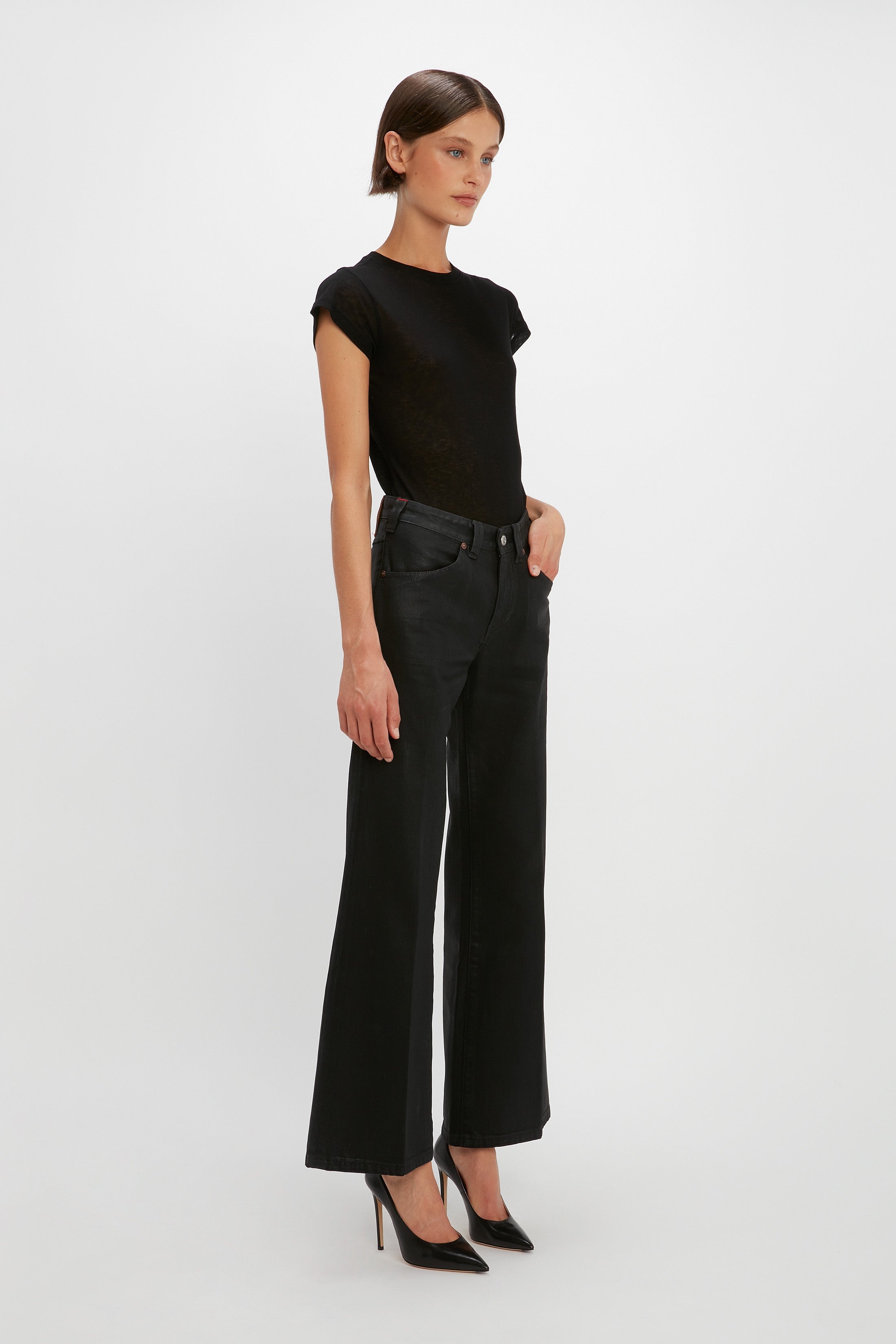 Edie Mid-Rise Kick Flare Jean in Black Gloss - 5