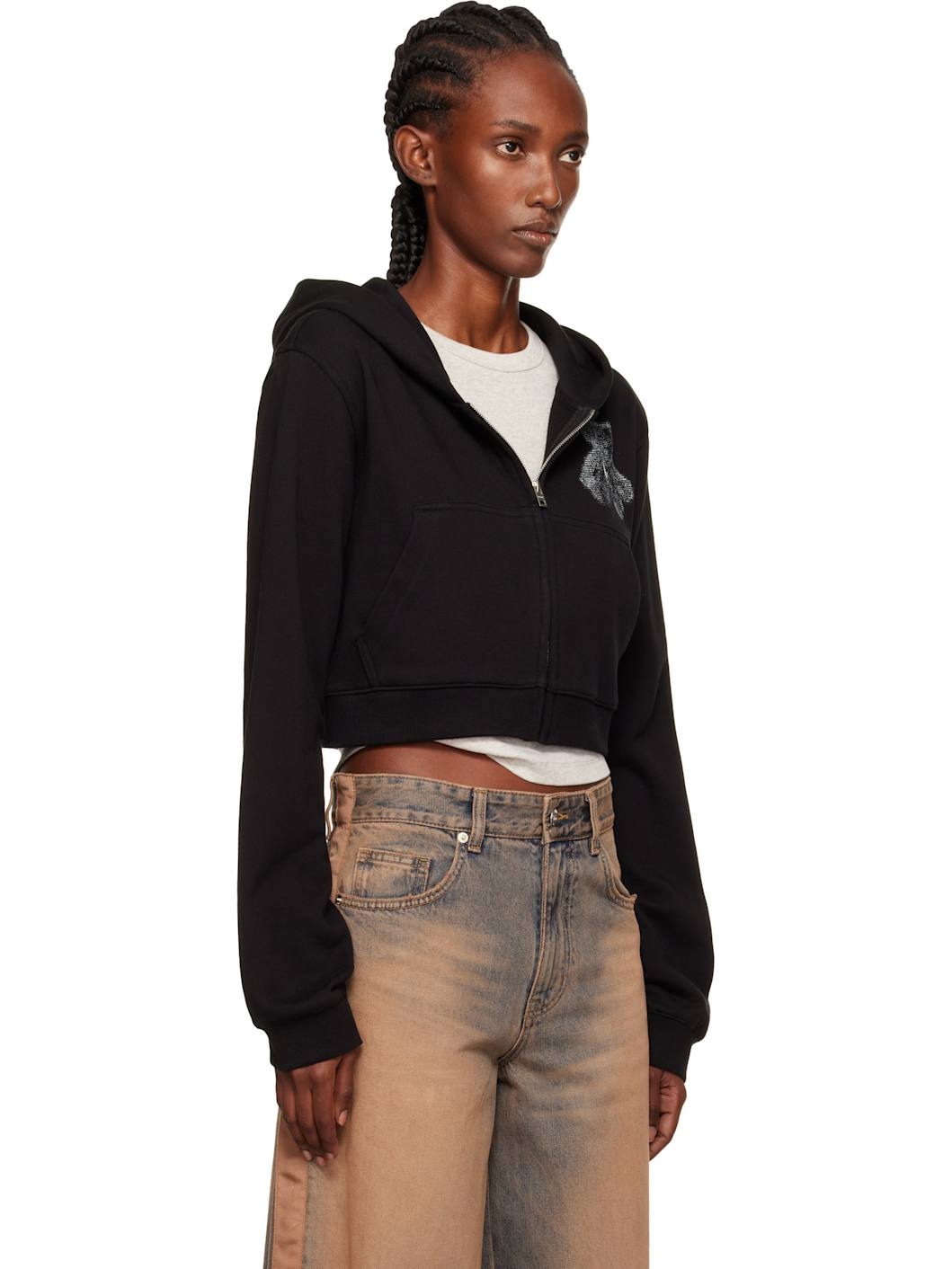 Black Teddy Bear Slim-Fit Zip-Up Hoodie - 2