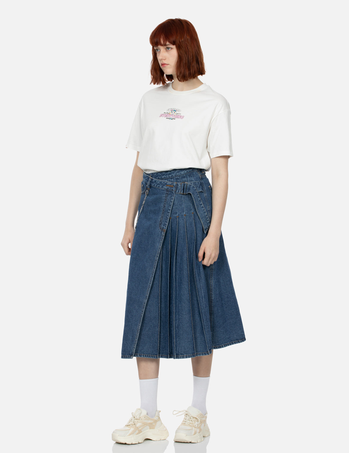 SEAGULL PRINT FASHION FIT DENIM PLEATED SKIRT - 4