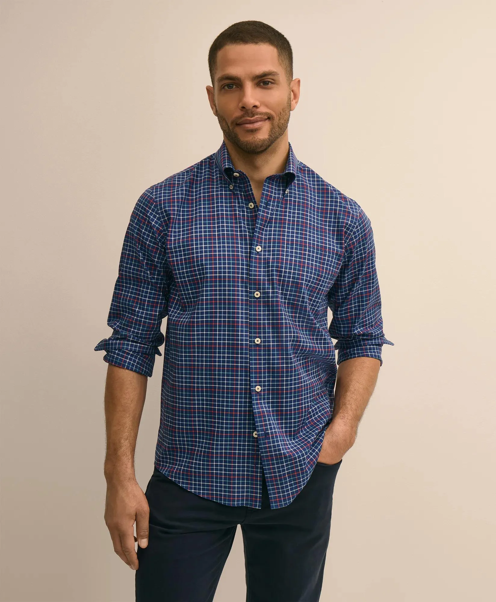 Supima® Cotton Non-Iron Twill Polo Button Down Collar Check Sport Shirt - 1