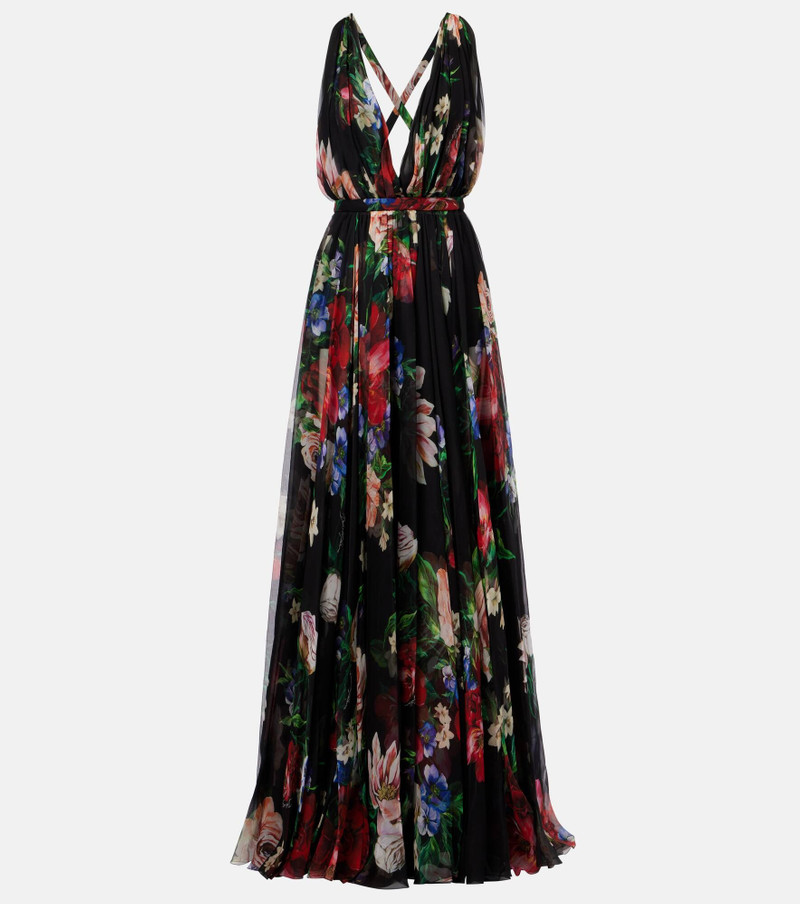 Floral pleated silk chiffon gown 1