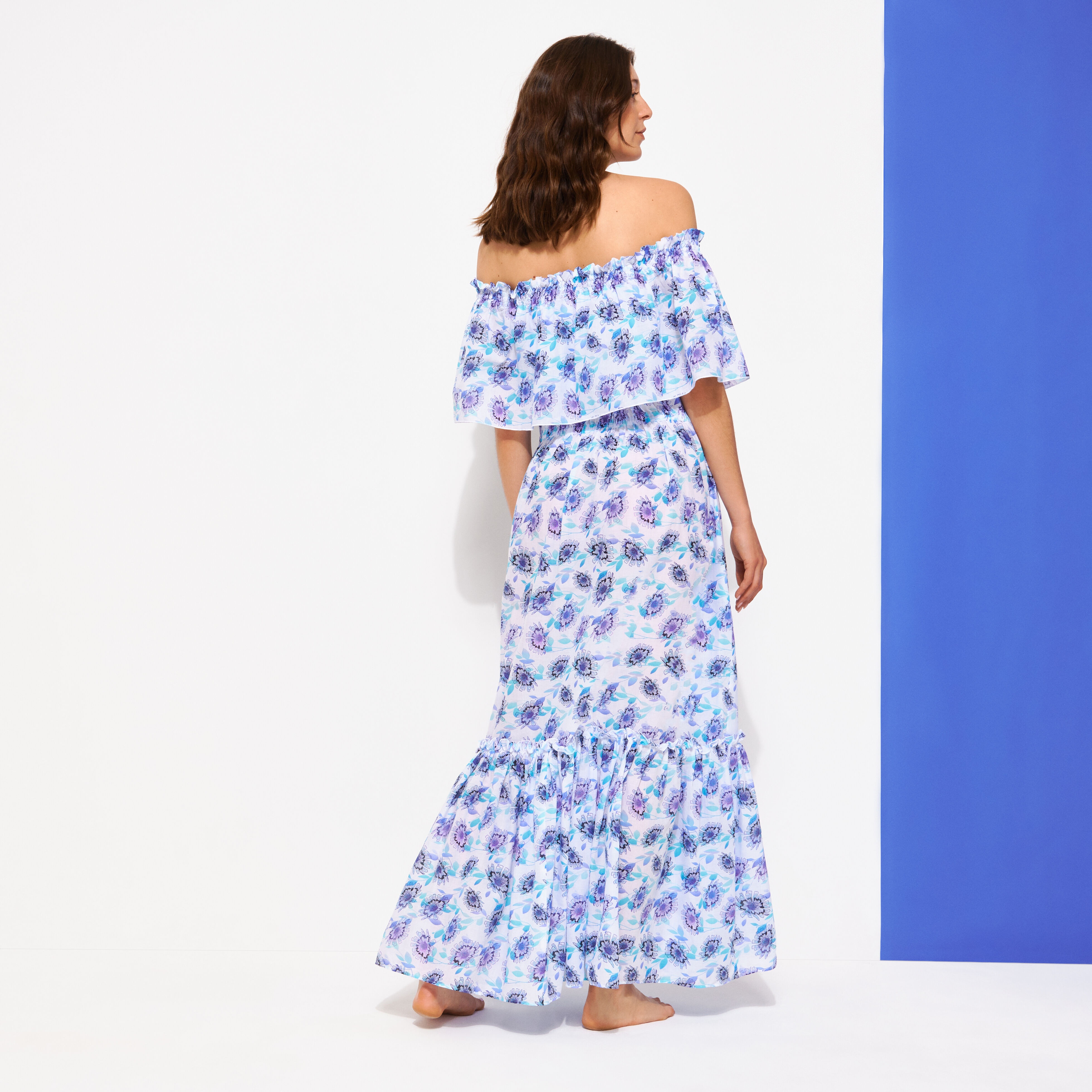 Women Long Off the Shoulders Cotton Dress Flash Flowers - 4